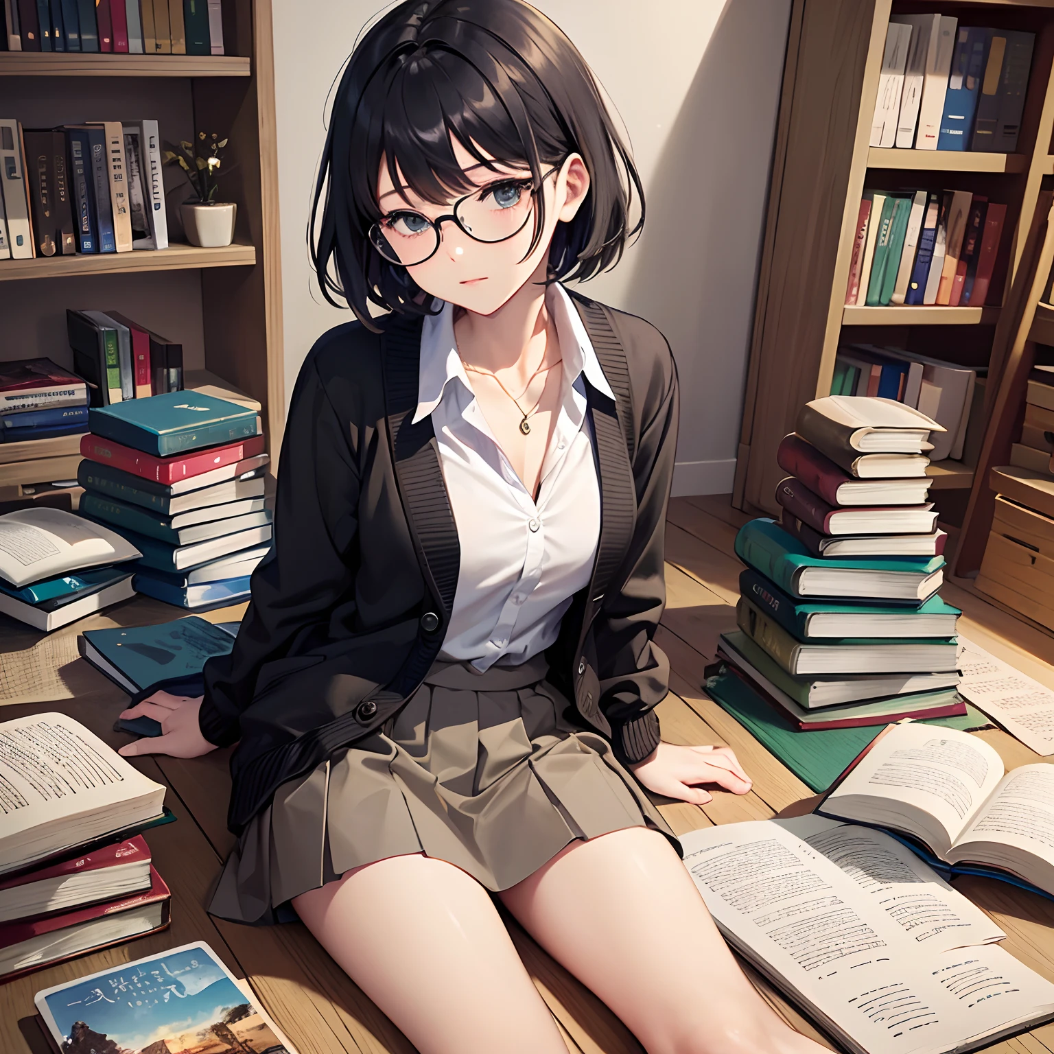 ​masterpiece、top-quality、High-quality images、hight resolution、8K、1lady、detaileds、Detailed eye depiction、skin gloss、Lustrous hair、Black short-haired、Sleeping habits、dishevled hair、Round glasses、Narrow old room、many bookshelves、Books piled on the floor、Pile of used books、sitting down on the floor、A book in one hand、Black socks、Check miniskirt、Black cardigan