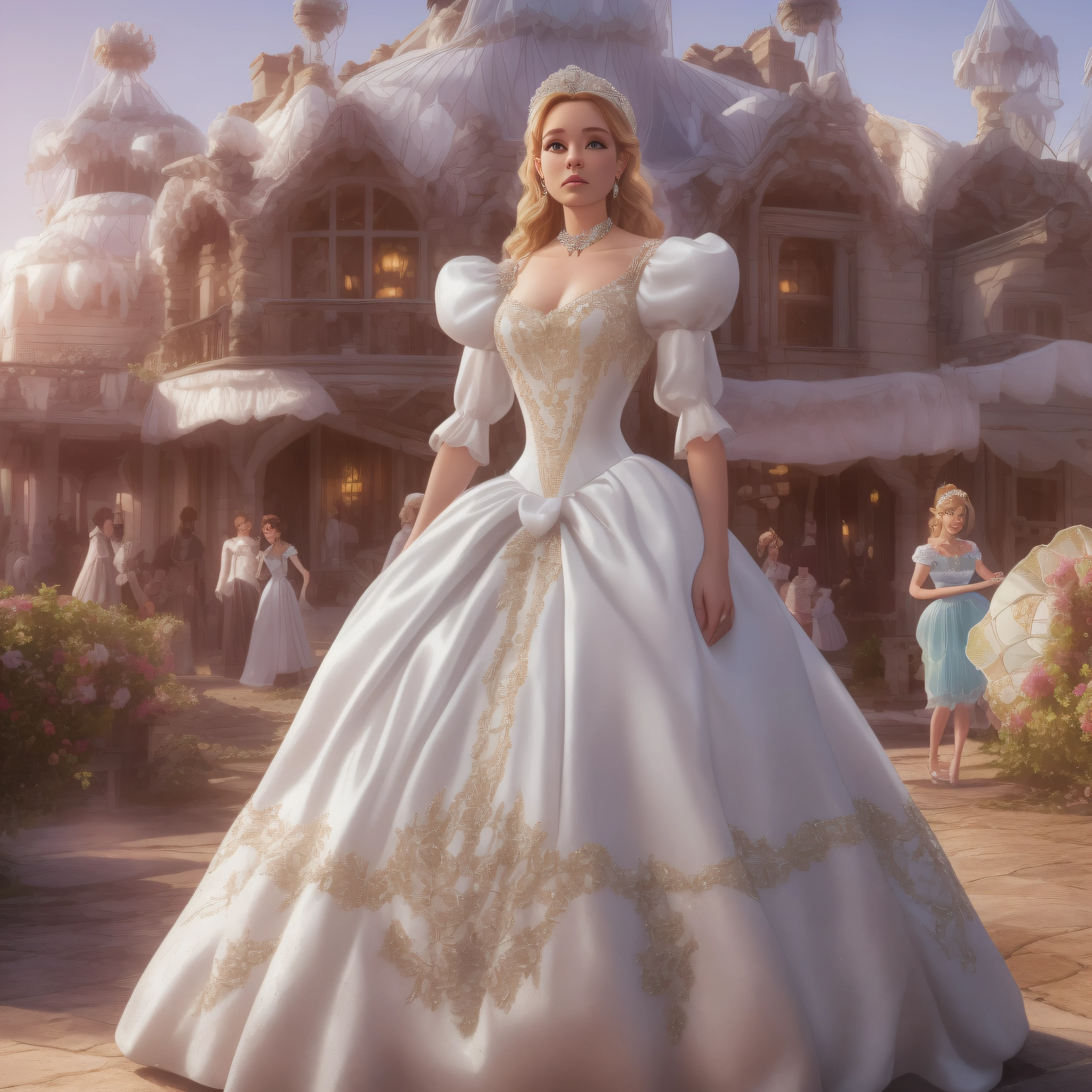 Frustrated Princess Greer Grammer standing in the middle of a village wearing a Stately and Elaborate Cinderella Ballgown of white satin adorned with bows, embroidery and jewels, with (((Enormous Puffed Sleeves))), an hourglass waist, and a (((huge crinoline hoopskirt))) photo-realistic, octane render, unreal engine, ultra-realistic