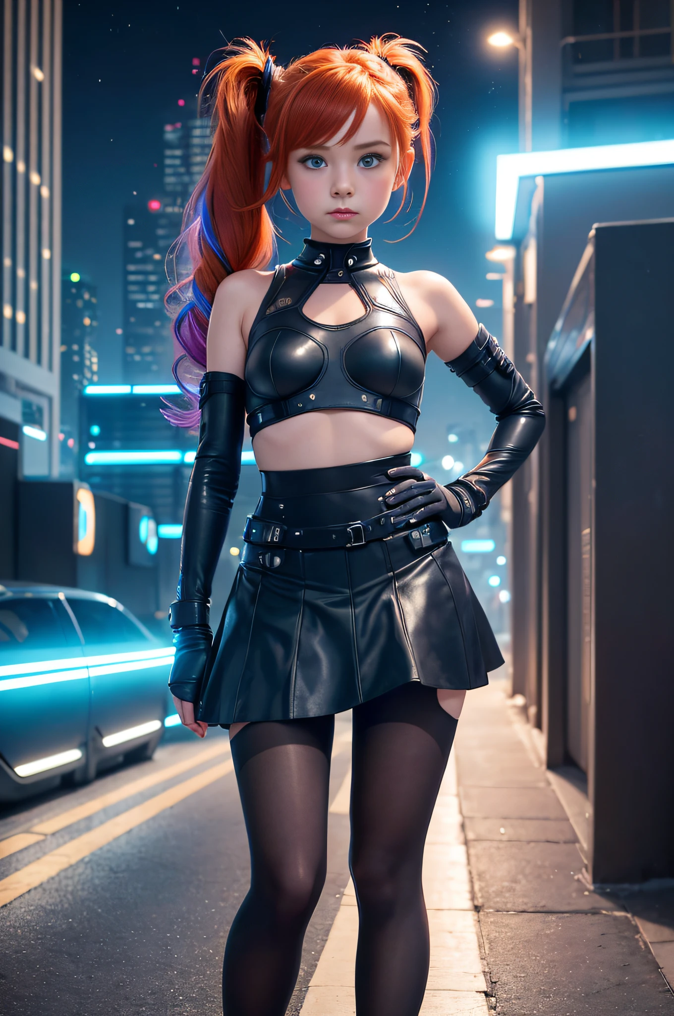 1 girl, solo, (nsfw), cute redhead 18-year-old girl in twin tails, ((perfect female body)), (cute face make up), multiple (rainbow colored hair: 1.2), (beautiful detailed blue eyes: 1.6), (photo realistic eyes: 1.6), happy, Ukrainian, (petite body), ((small hips)), pale white skin, (mini skirt and tube top), (matte pantyhose: 1.6), (("TRON LEGACY futuristic city" style background)), (night time:1.2), photo realistic.
