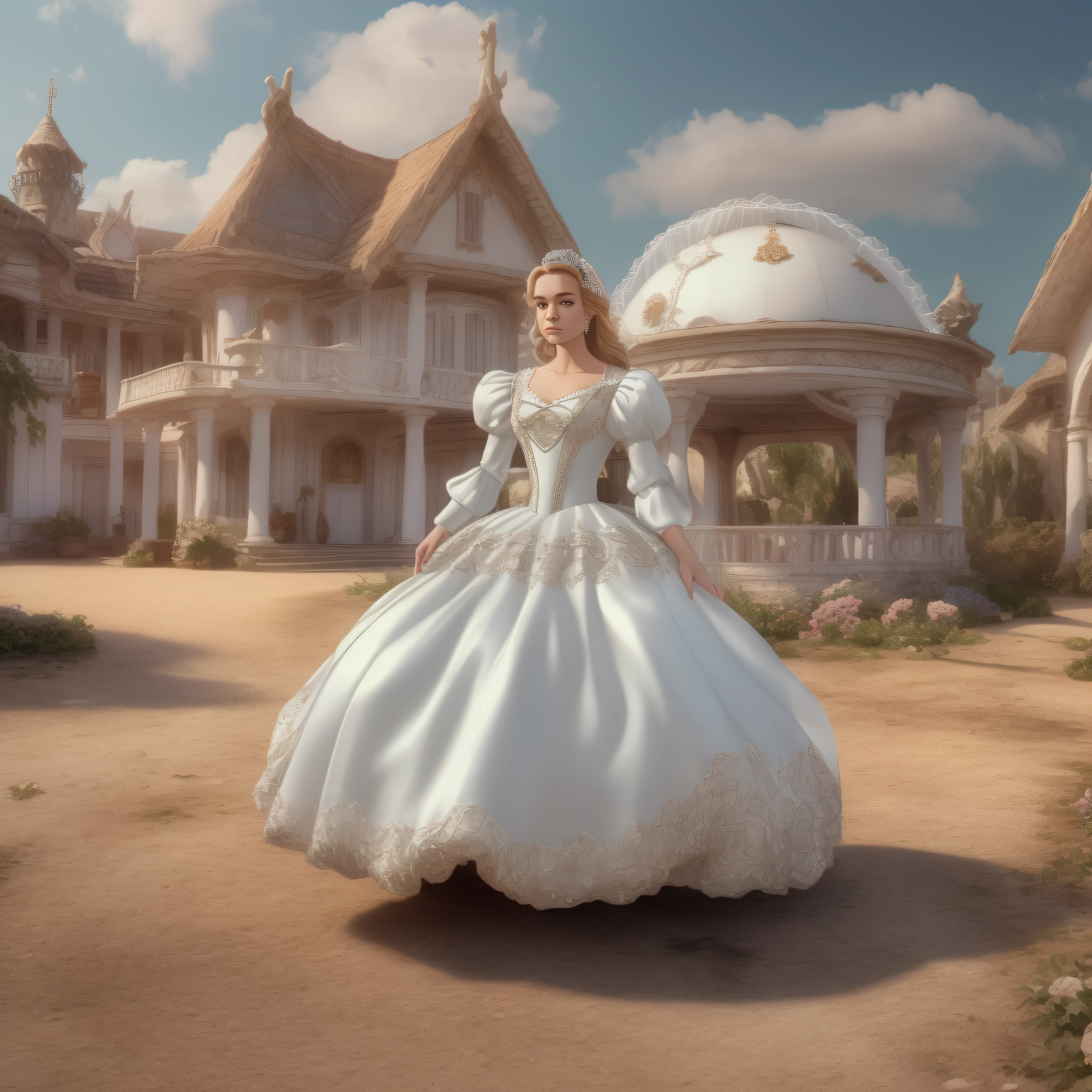 Frustrated Princess Greer Grammer standing in the middle of a village wearing a Stately and Elaborate Cinderella Ballgown of white satin adorned with bows, embroidery and jewels, with (((Enormous Puffed Sleeves))), an hourglass waist, and a (((huge crinoline hoopskirt))) photo-realistic, octane render, unreal engine, ultra-realistic