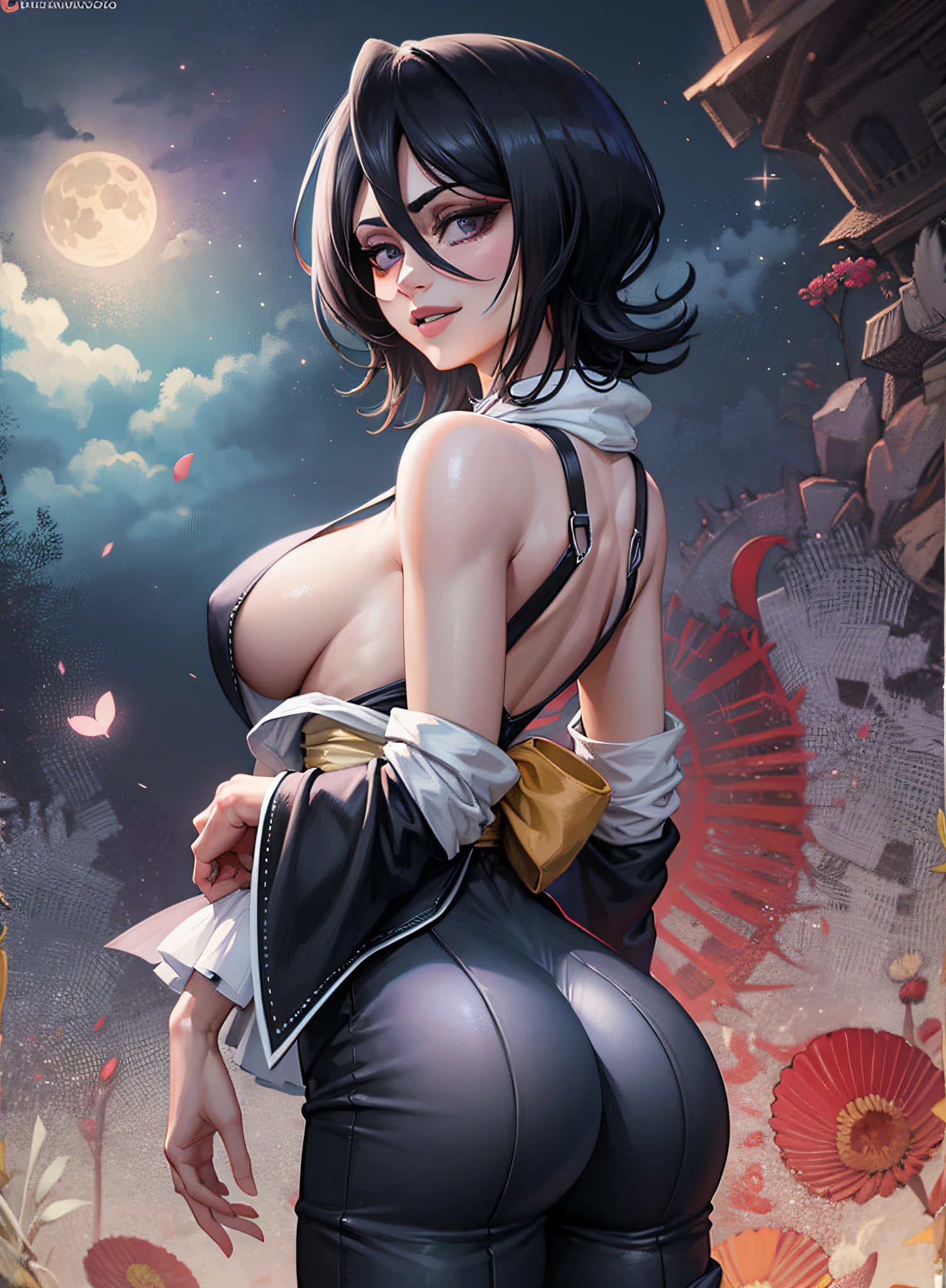 anime screen, night sky, moon, forest, path, 1girl, solo, short hair, black hair, purple eyes, japanese clothes, looking at the viewer, black kimono, hair between eyes, cowboy shot, wide sleeves, hakama pants, white_sash, back, closed mouth, grin, walk, look around, wide hips, big ass, focus ass, large breasts