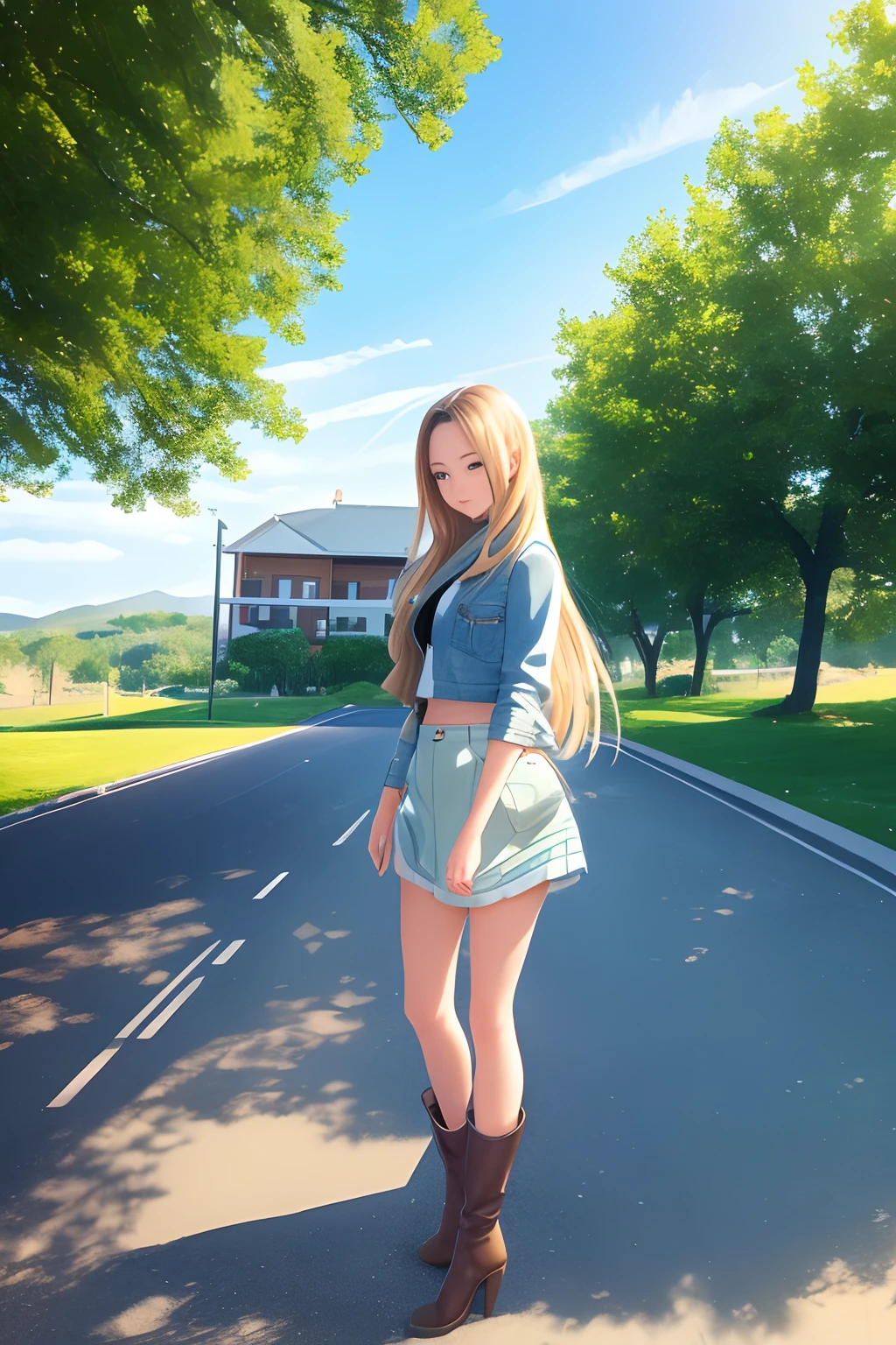(best quality,4k,highres),ultra-detailed,realistic,portrait,beautiful young Japanese American woman, long greenish hair, blue eyes, detailed face, natural makeup, delicate features, radiant smile, fashionable, stylishly dressed, jean mini skirt, crop top, jean jacket, knee high boots, confident posture, standing on the corner in Winslow Arizona, sunny day, clear blue sky, vibrant colors, artistic composition, soft lighting, dreamy atmosphere