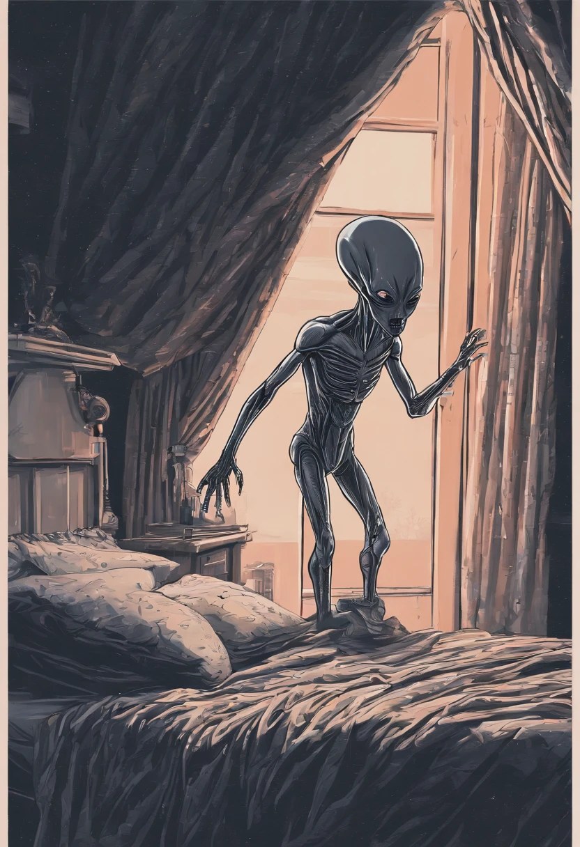 Best quality, Masterpiece, Realistic, Ultra detail, photograph realistic, Ultra-realistic camera footage of a gray alien kidnapping a sleeping child in a bedroom, night vision