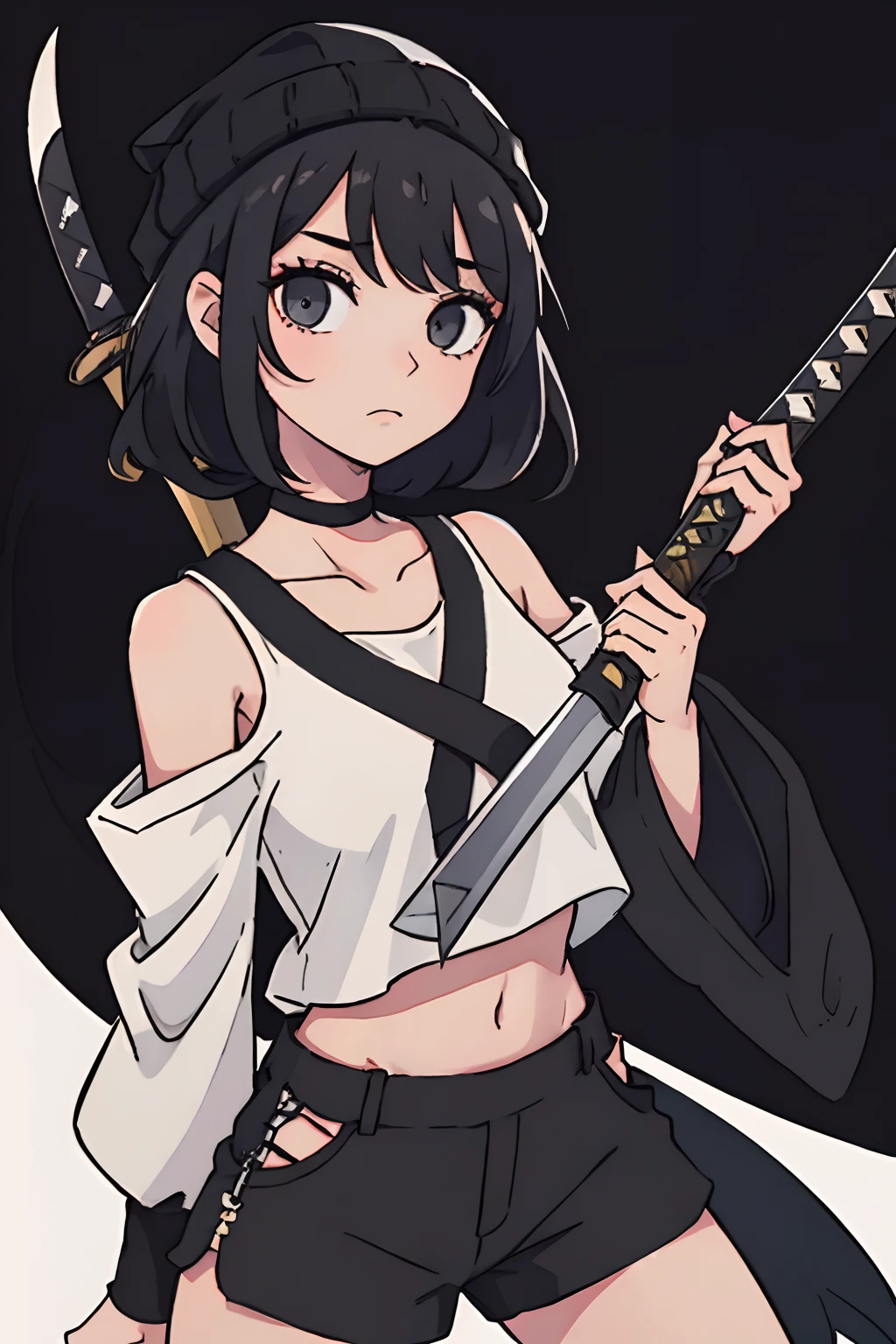 Girl with a wolfcut and black hair, wearing a black colored beanie, and white crop top and oversized black sleeves, black colored shorts and a katana with a black and white handle in her hand, high quality