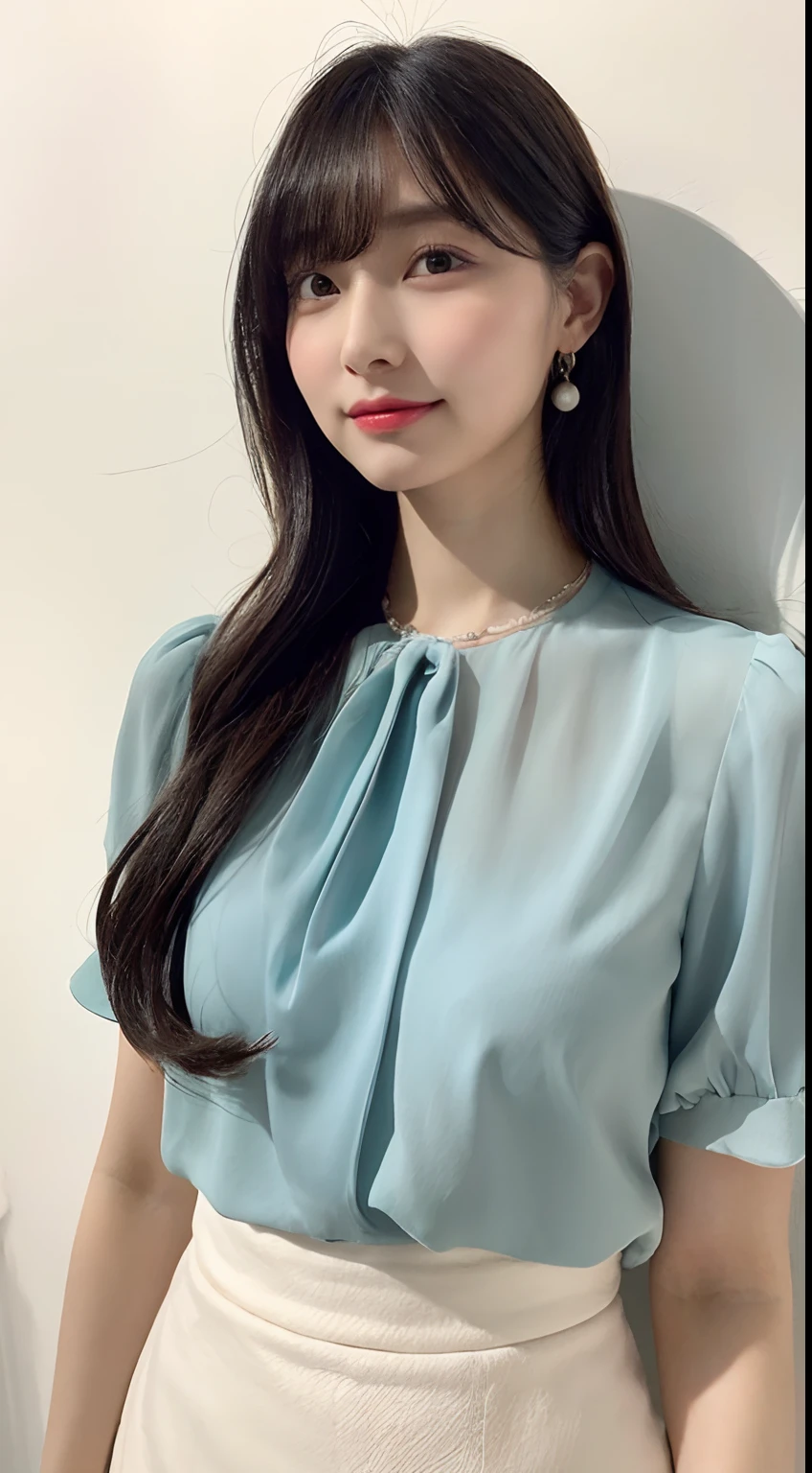 Photoreal, 1 beautiful Japanese woman, straight and long black hair, black eyes, pastel colored short-sleeved blouse, elegant mini skirt