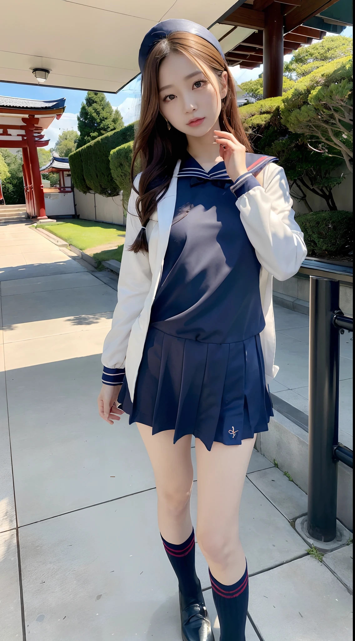 mix4, (16 K, Raw photography, Top image quality, masterpiece: 1.45), (realisitic, Photorealsitic: 1.37), one girls, 7.5, etc、Random hairstyle、Standing figure,Noon time slot、a very cute, Precincts of the shrine,, profetional lighting, photon maping, a park、physically-based renderingt, Gradient dark brown hair,, a handsome, Well-groomed and beautiful eyes、Large double eyelids、Very shiny、girl with, (((student clothes、Long sleeve sailor suit worn by Japan schoolgirl、red cuffs、Dark blue mini skirt, Small gray beret、Dark blue knee-high socks、Black loafers))), Top Quality Photos, hight resolution, 1080p, (clearface), (Detailed face description), (Detailed hand description), (masterpiece), (Exquisite CG)、extreme light and shadows、dishevled hair、master work、abundant detail、(Fine facial features)、(top quality photo)、(masuter piece)、(A detailed eye)、Look in front of you、Fine clavicle、((Slender big))、(((Japan schoolgirl in long-sleeved sailor suit)))、((Ready Idol System))、((Precincts of the shrine、torii gate、Tesuisha、Komainu))、(Shooting from random perspectives)、(((Anyway cute)))、耳Nipple Ring、A big smile、Drawing the whole body from the knees、Do not draw nasolabial folds、(((Long-sleeved sailor suit)))、(Big breasts that hang down big:1.2)、Big buttocks with tension、Two arms and two legs、(((from the front side:0.7)))、bare hand、No mask、