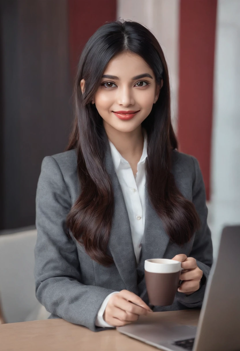 Wearing coat, upper body, overcoat, necklace on the chest, smiling at the desk in coffee cafe day with red walls nice ambience, long and straight black hair, young indian woman with holding a cup of coffee, sitting on the chair, working on the computer, staring at the screen