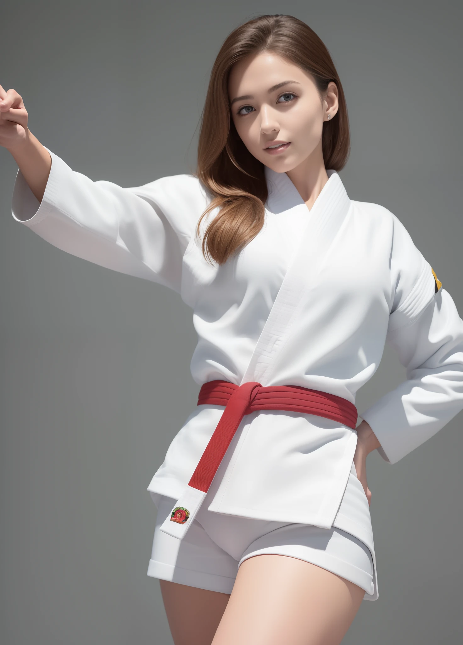 (​masterpiece:1.3), (8K, hight resolution, a picture, Top image quality: 1.4), (1girl in), Whole body, (White Karate Uniform:1.4) , bare-legged, ligh brown hair, waved hair, attractive beautiful face, (A smile: 1.15), 17 age, Attractive body with soft curvaceous beauty, Beautiful thin legs, Bold sexy poses, perfect anatomia, TOKYOcty