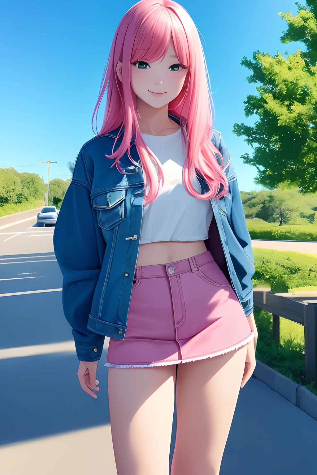 (best quality,4k,highres),ultra-detailed,realistic,portrait,beautiful young Japanese American woman, long pink hair, green eyes, detailed face, natural makeup, delicate features, radiant smile, fashionable, stylishly dressed, jean mini skirt, crop top, jean jacket, knee high boots, confident posture, standing on the corner in Winslow Arizona, sunny day, clear blue sky, vibrant colors, artistic composition, soft lighting, dreamy atmosphere