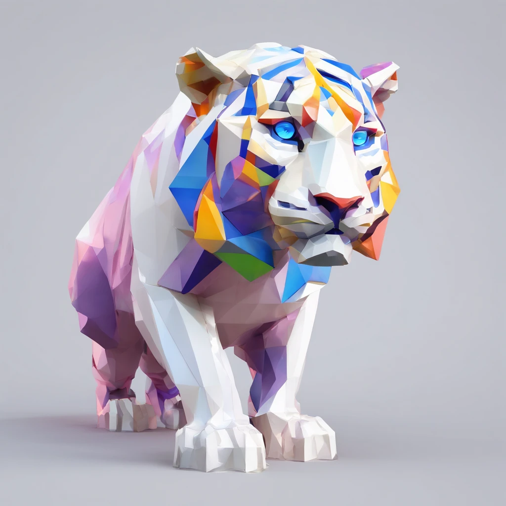Perfect alignment，White tiger creatures、Crystal style, 发光, Standing position, Abstract beauty, Centered, Looking at the camera, Facing the camera, flawless、Dynamic、 Highly detailed, sleeoing, 8K High Resolution, Illustration,, White background、Geometric art、Tints like stained glass、The back is covered with brightly colored ores and crystals