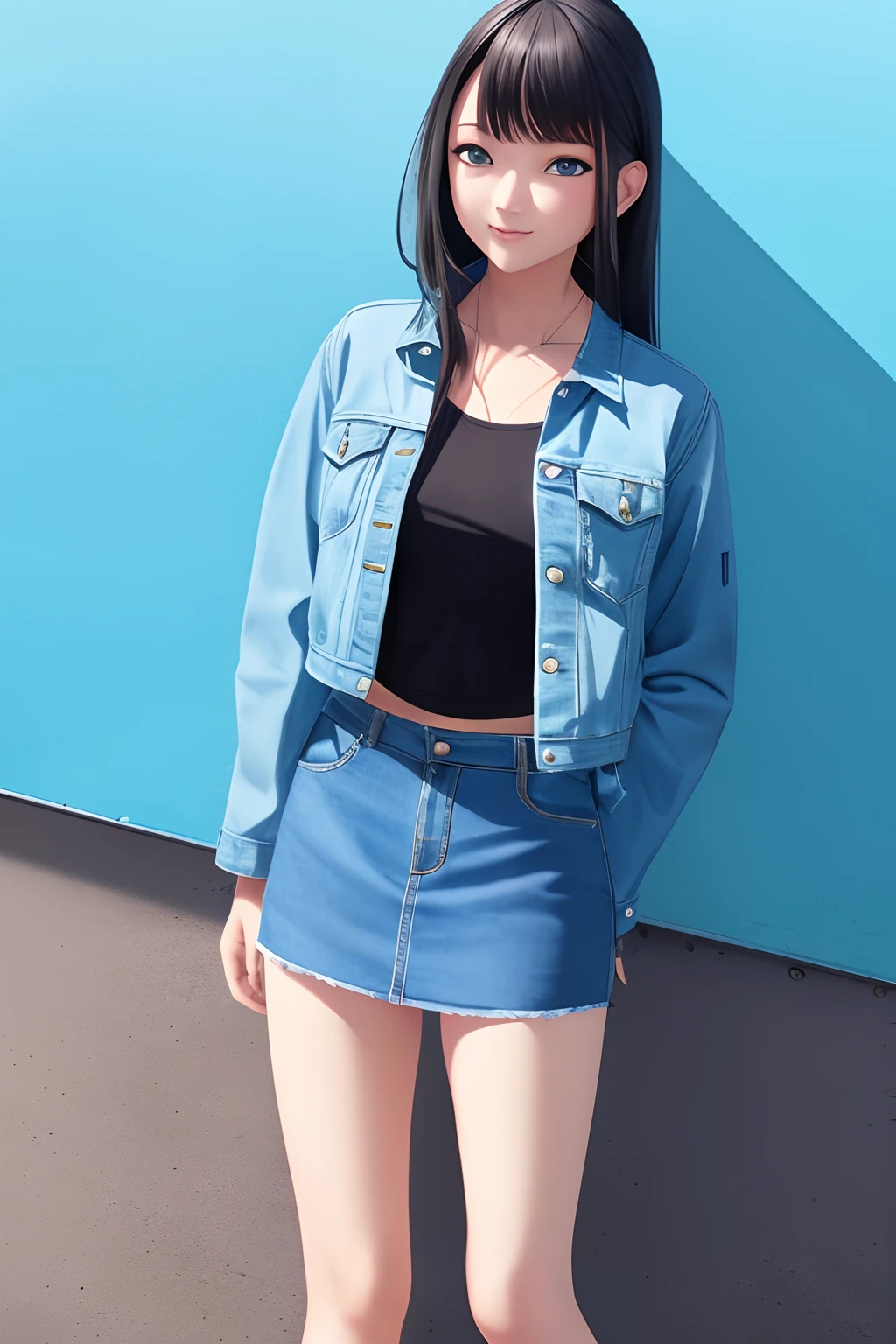(best quality,4k,highres),ultra-detailed,realistic,portrait,beautiful young Japanese American woman, long greenish hair, blue eyes, detailed face, natural makeup, delicate features, radiant smile, fashionable, stylishly dressed, jean mini skirt, crop top, jean jacket, knee high boots, confident posture, standing on the corner in Winslow Arizona, sunny day, clear blue sky, vibrant colors, artistic composition, soft lighting, dreamy atmosphere