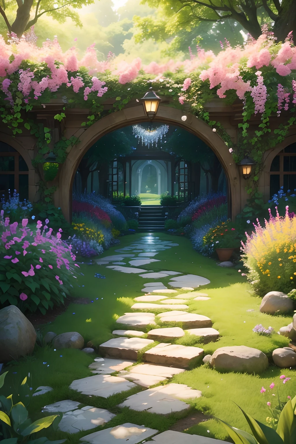 (best quality,4k,8k,highres,masterpiece:1.2),ultra-detailed,(realistic,photorealistic,photo-realistic:1.37),peaceful garden of flowers for background,magical forest with vibrant blooms,serene atmosphere,delicate petals dancing in the wind,colorful blossoms covering the landscape,fragrant floral aroma filling the air,nature's masterpiece of tranquility,fantasy-like setting of lush greenery and vibrant flowers,every bloom captured with intricate detail and precision,breathtaking floral symphony,dreamy sunlit garden,sparkling dewdrops on flower petals,joyful chirping of birds in the distance,ethereal soft lighting filtering through the foliage,impeccably aligned flower beds creating a sense of order and serenity,endless rows of flowers tucked away in every corner,harmony of colors blending seamlessly together,peaceful haven inviting one to unwind and find solace,botanical paradise with an abundance of flora,serene backdrop for meditation and relaxation,constantly changing floral tapestry,gentle breeze creating a soothing ambiance,alive with the hum of bees and butterflies,tranquil escape from the hustle and bustle of daily life,benevolent energy radiating from every plant and flower,enchanted garden overflowing with love and positivity.