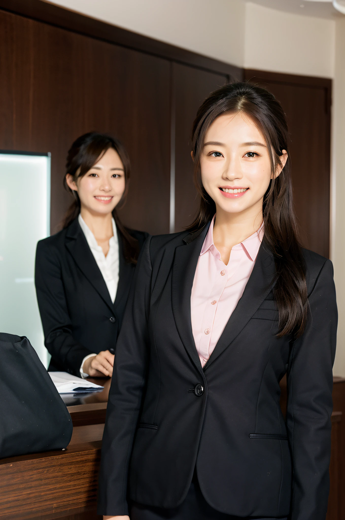 Hotel reception、face forcus、Female front desk staff,Black jacket、Pink Button Shirt、a picture、A detailed face、Detailed lips、A detailed eye、a smile