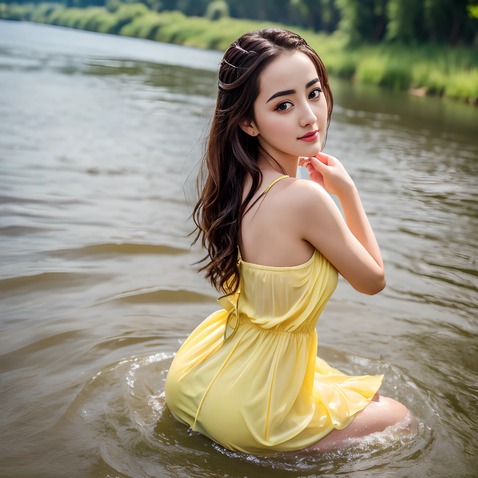 woman in a yellow dress in a river, dilraba dilmurat, gorgeous lady, soft portrait shot 8k, cute woman, ukrainian girl, portrait shot, cute young woman, beautiful young girl, beautiful young woman, in water up to her shoulders, gorgeous woman, beautiful model, closeup portrait shot, beautiful maiden, a beautiful young woman, drenched, translucent, soaked, wet clothes, bokeh