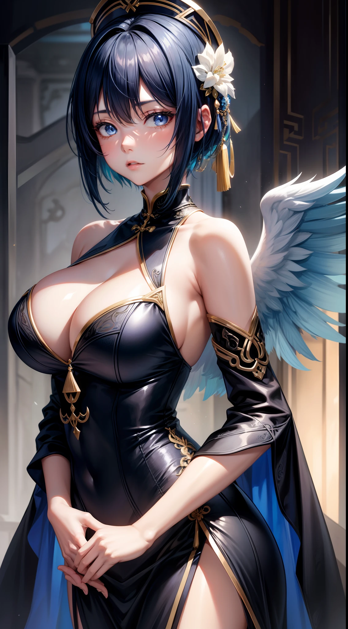 Tall girl, Short blue hair, blue eyes, Black Chinese dress, Blue inserts, open shoulders, big angel wings, Masterpiece, hiquality, high detail, HD, 4k