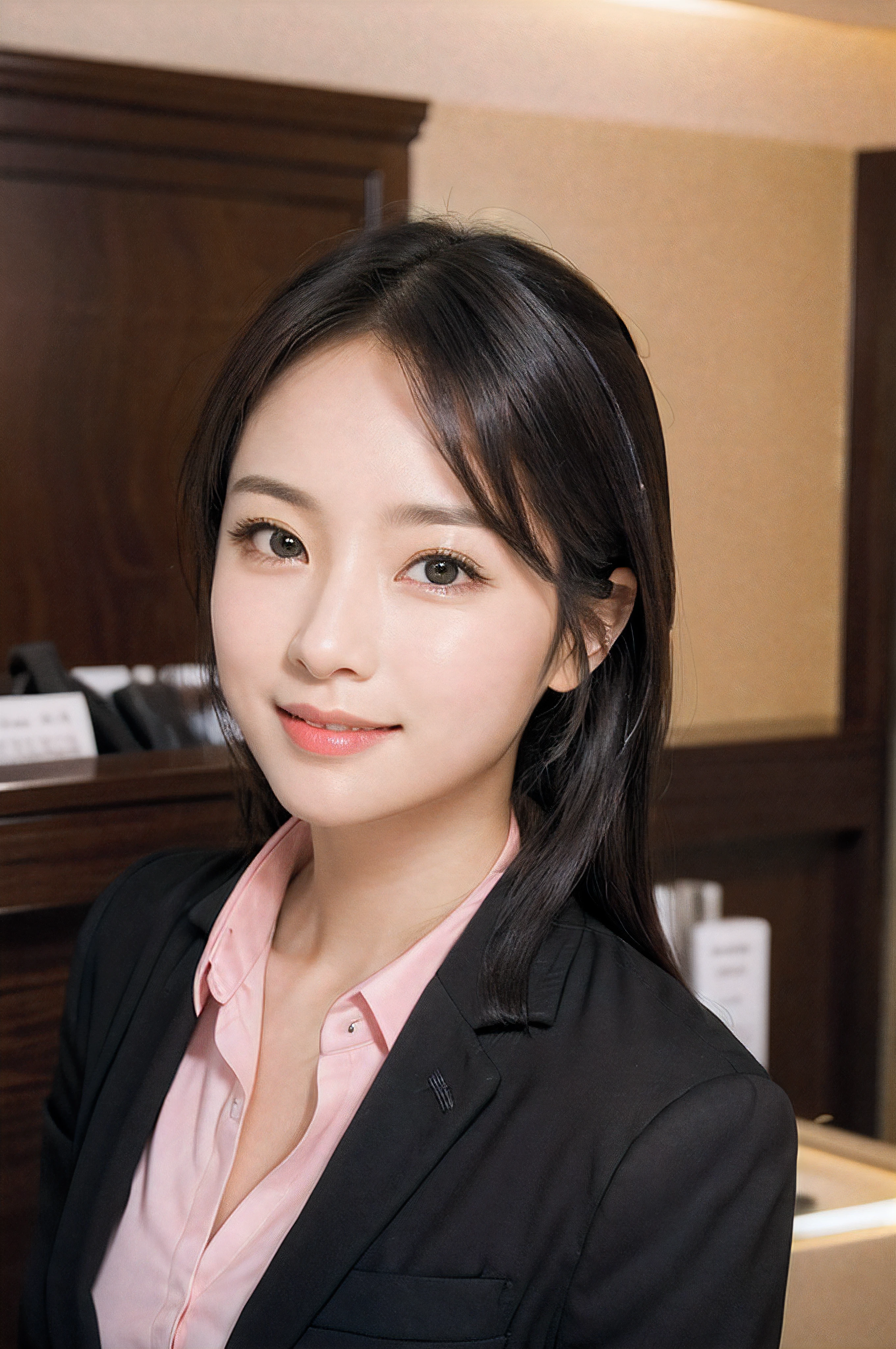 Hotel reception、face forcus、Female front desk staff,Black jacket、Pink Button Shirt、a picture、A detailed face、Detailed lips、A detailed eye、a smile