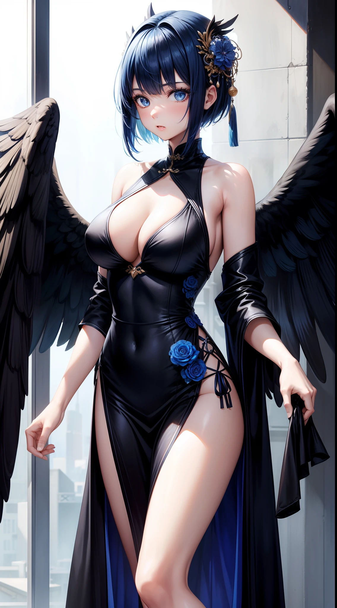 Tall girl, Short blue hair, blue eyes, Black Chinese dress, Blue inserts, open shoulders, big angel wings, Masterpiece, hiquality, high detail, HD, 4k