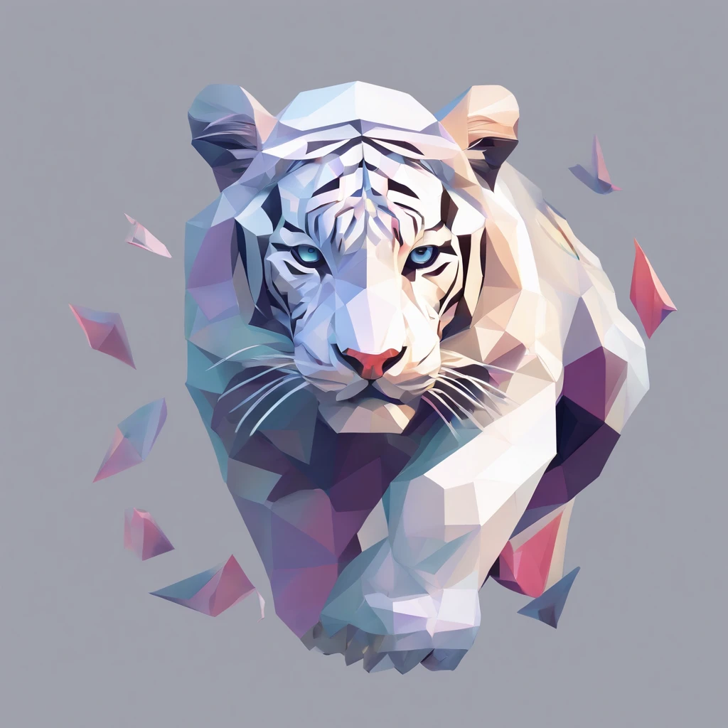 Perfect alignment，White tiger creatures、Crystal style, 发光, Standing position, Abstract beauty, Centered, Looking at the camera, Facing the camera, flawless、Dynamic、 Highly detailed, sleeoing, 8K High Resolution, Illustration,, White background、Geometric art、Tints like stained glass、Brightly colored ores and crystals grow from the back、Lineart-ish