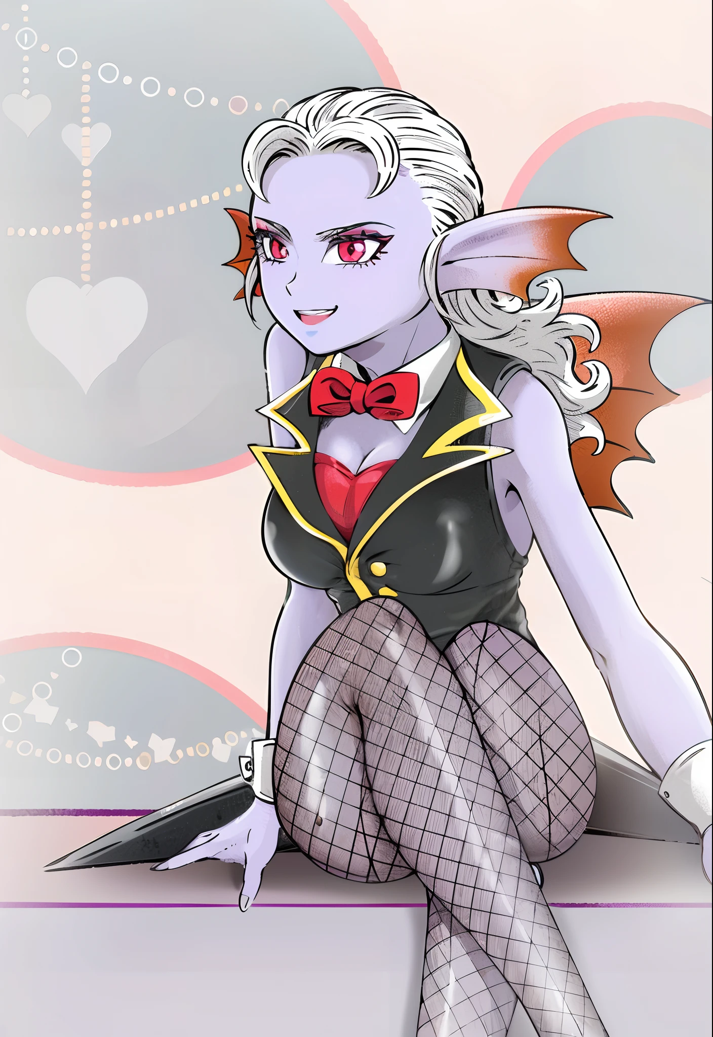 8K, high definition, animated, married, beautiful, small face, clean, bright, eye highlights, sexy, erotic, beautiful line drawing.
Purple skin, red eyes, darkness, darkness, dark atmosphere, purple and orange gradient ear fins, bunny girl, bunny suit, net tights on legs, crossed legs, white hair color,
{{Masterpiece}},{{ultra detailed, top quality, high resolution, cinematic lighting, sparkles, lens flare, light particles, sparkles}}