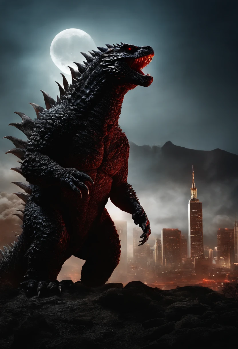 Strange monsters in a fantasy world，Godzilla，A coarse laser sprays out of the mouth，Blood，Covered with thick spikes，Moon Night，中景 the scene is，Full body like， highly detailed surreal vfx，oc rendered，Shot with 70 mm - AR 16:9 --q 2 --s 1000