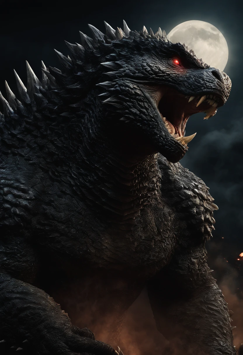 Strange monsters in a fantasy world，Godzilla，A coarse laser sprays out of the mouth，Blood，Covered with thick spikes，Moon Night，中景 the scene is，Full body like， highly detailed surreal vfx，oc rendered，Shot with 70 mm - AR 16:9 --q 2 --s 1000