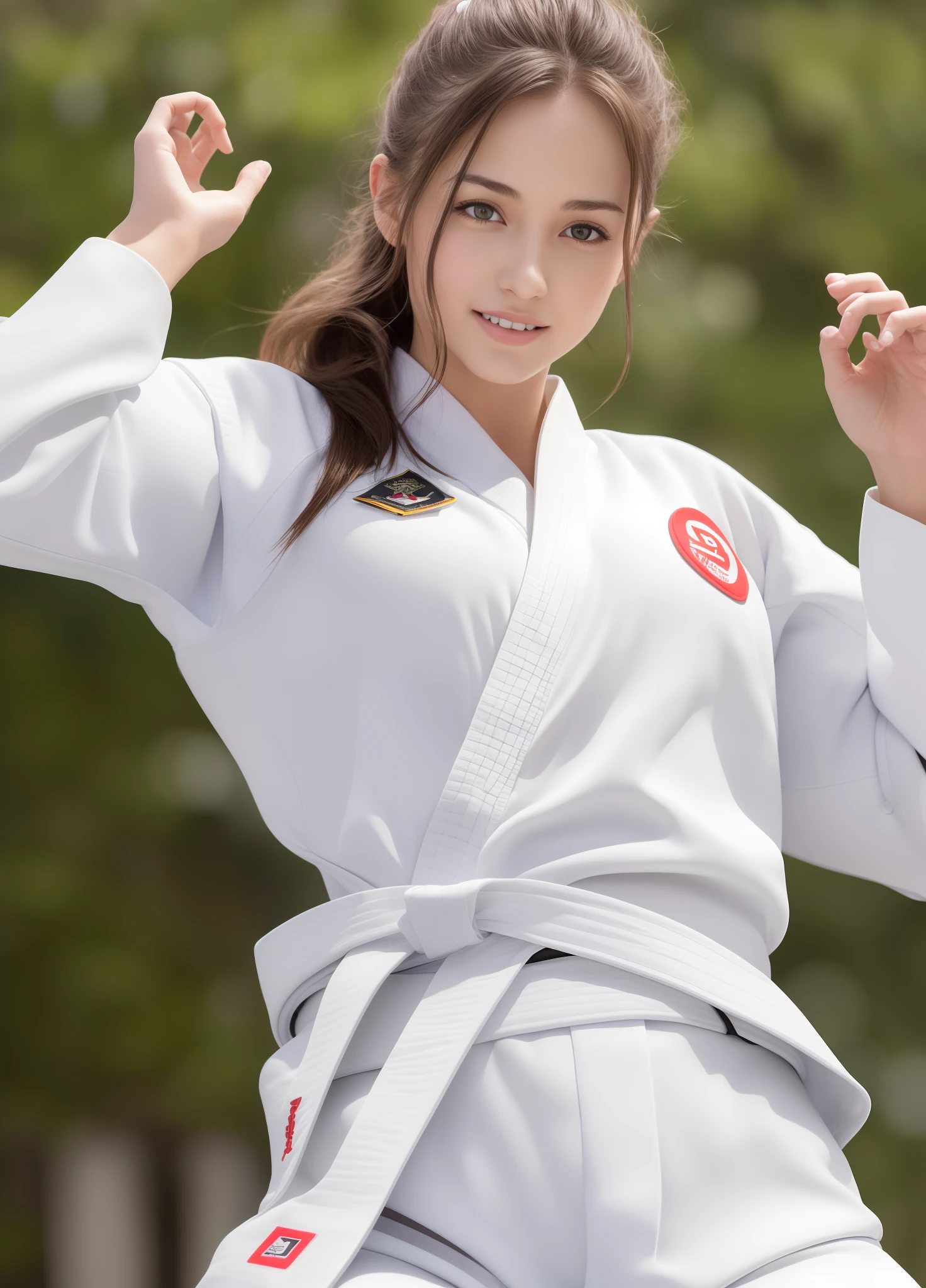 Best image quality,highest quality,masterpiece,4K,8k,highest quality,女性karate,in a karate道場 ring, Chudan Gyakutsu pose, karate, Young Japanese Woman, Japanese Girls,karateのUniform,Black belt,karate大会、whole body、Big Breasts、Uniform