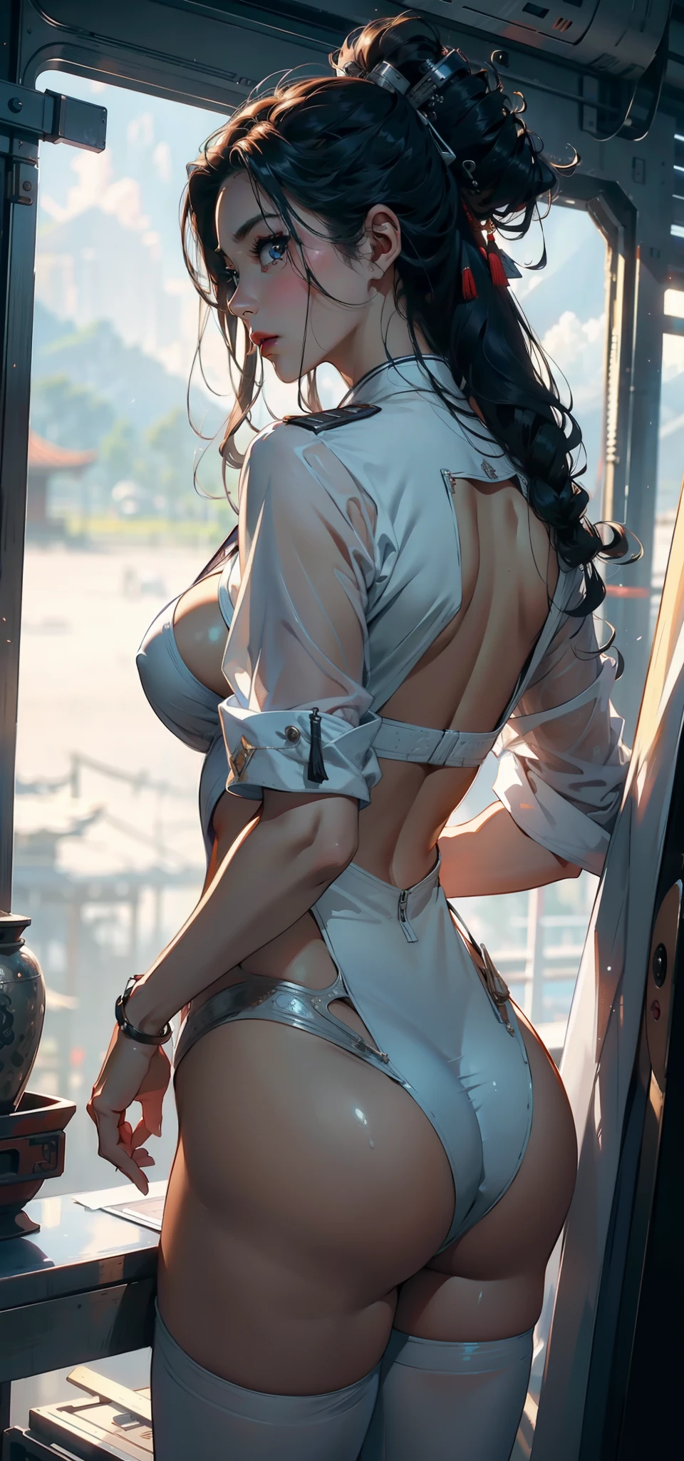 1female,41 years old,熟妇,extremely large bosom ,Pornographic exposure, 独奏,(Background with:aerodrome,Planes,the rainforest,in summer) She has long black hair,Station inside the aircraft,standing on your feet,Sweat profusely,drenched all over the body,seen from the front, hair straight, mostly cloudy sky,(((tmasterpiece),(Very detailed CG unity 8K wallpaper),best qualtiy,cinmatic lighting,detailed back ground,beatiful detailed eyes,Bright pupils,(Very fine and beautiful),(Beautiful and detailed eye description),ultra - detailed,tmasterpiece,)),facing at camera,A high resolution,ultra - detailed),revealing breasts,Bare genitalia, Bulge,legs are open,Raised sexy,Camel toes,Flushed complexion,Open-mouthed,frontage,Chinese flight attendant,(Wearing:flightattendantuniform)