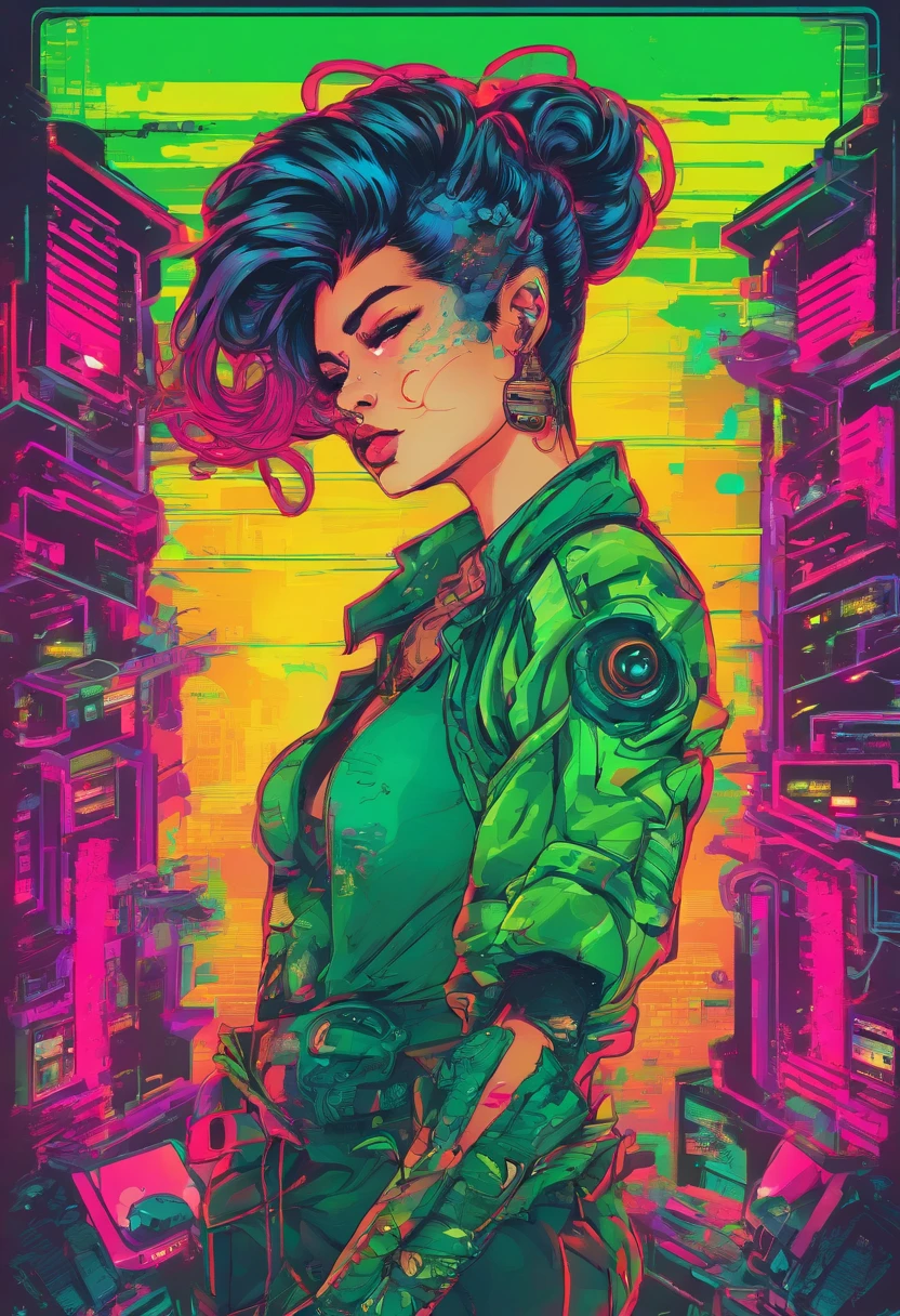 A woman with blue hair and a green jacket stands in front of a neon ...