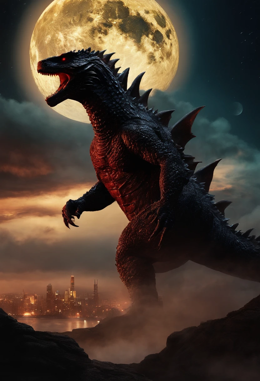Strange monsters in a fantasy world,Godzilla,A coarse laser sprays out of the mouth,Blood,Covered with thick spikes,Moon Night,中景 the scene is,Full body like, highly detailed surreal vfx,oc rendered,Shot with 70 mm - AR 16:9 --q 2 --s 1000