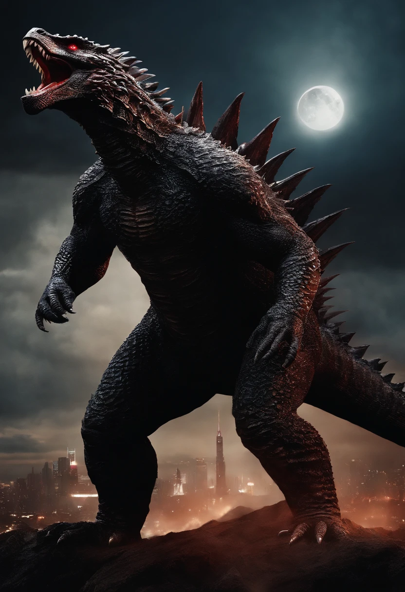 Strange monsters in a fantasy world,Godzilla,A coarse laser sprays out of the mouth,Blood,Covered with thick spikes,Moon Night,中景 the scene is,Full body like, highly detailed surreal vfx,oc rendered,Shot with 70 mm - AR 16:9 --q 2 --s 1000