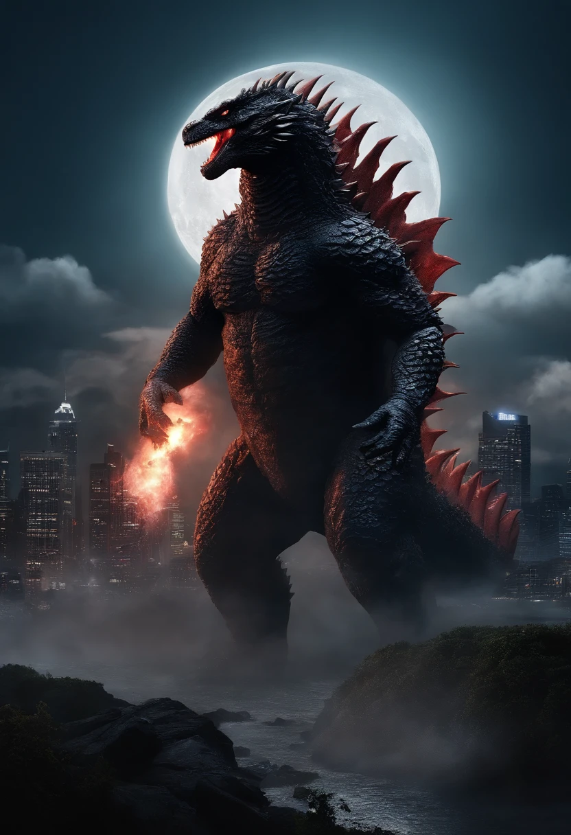 Strange monsters in a fantasy world,Godzilla,A coarse laser sprays out of the mouth,Blood,Covered with thick spikes,Moon Night,中景 the scene is,Full body like, highly detailed surreal vfx,oc rendered,Shot with 70 mm - AR 16:9 --q 2 --s 1000