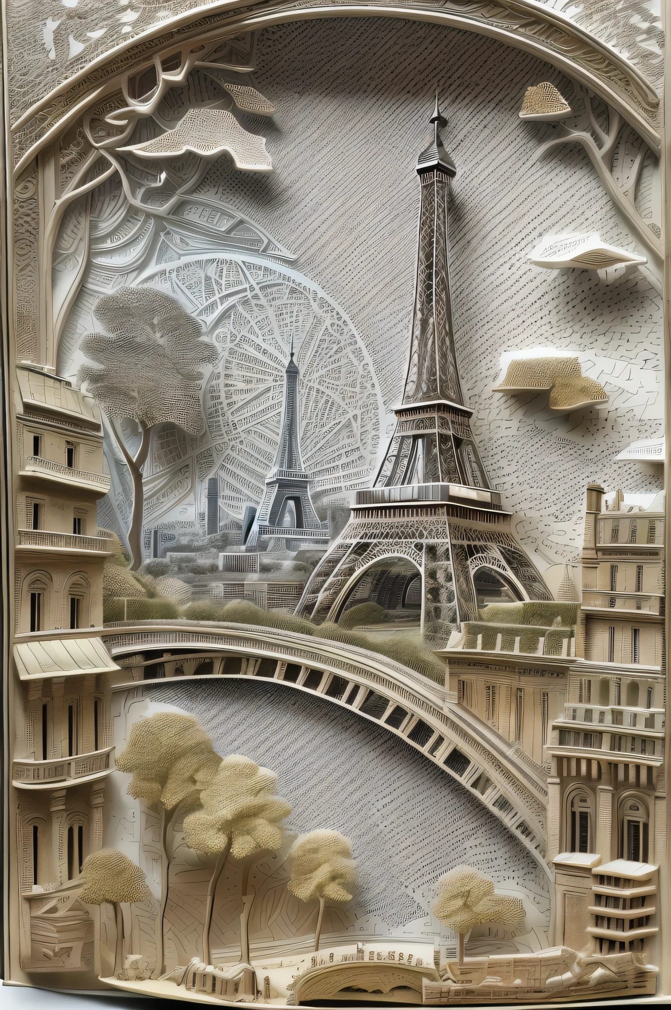 a scenic paper cut art of Paris, best details, best quality, 16K, [ultra detailed], masterpiece, best quality, (ultra detailed), full body, ultra wide shot, photorealistic,