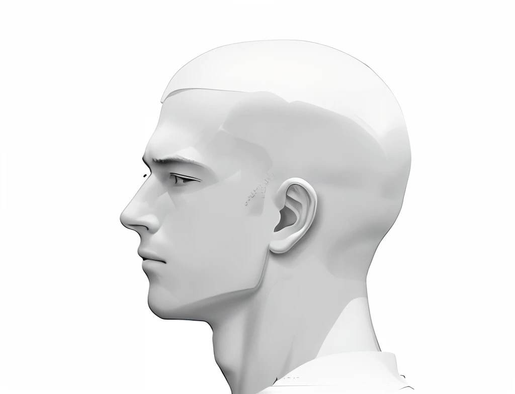 Crear una imagen con un fondo completamente blanco y una silueta simplificada de la cabeza de un joven mirando de perfil, pelo muy corto, Make sure that the silhouette is an outline drawing without color fill and that the inside of the silhouette is also empty in white..