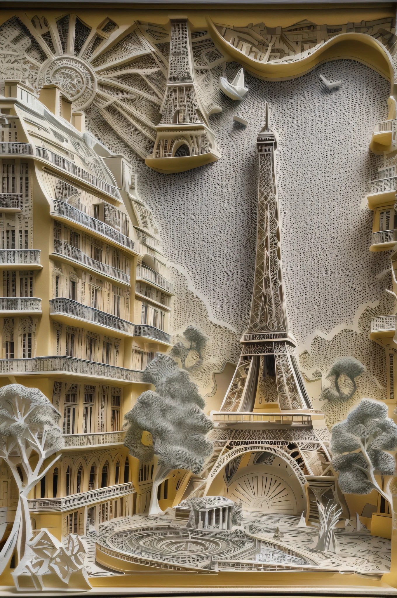 a scenic paper cut art of Paris, best details, best quality, 16K, [ultra detailed], masterpiece, best quality, (ultra detailed), full body, ultra wide shot, photorealistic,