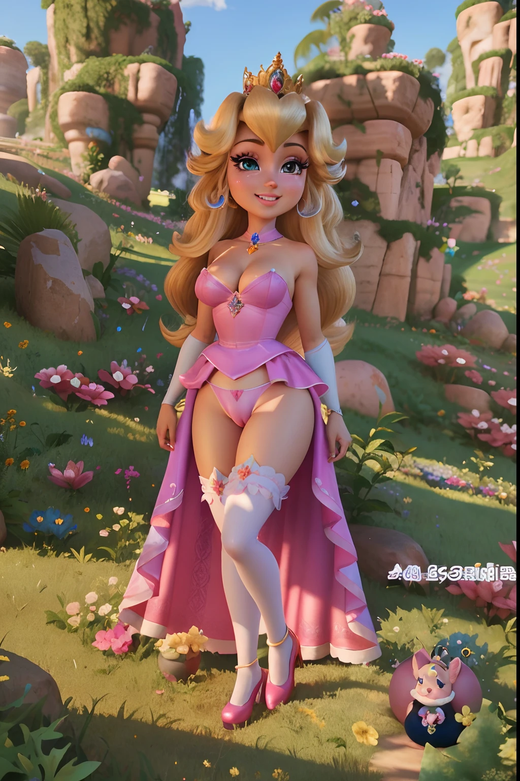 um close up de uma princesa dos desenhos animados em um vestido rosa e um gato, Princess Peach), Princess Peach, portrait of princess peach, Lola Bunny Fanart, in style of disney animation, 3 d render stylized, 3D estilizado, stylized as a 3d rendering, personagem de fantasia hiperdetalhado, Princesa elfa, Disney fotorrealista |, princess intergalactica, branco bonito, bonito, inocente, loiro de 18 anos, (abdominais lisos)), corado, ((huge massive giant tits: 1.4)), (sideboob), (underboob), pressionando seios juntos, Pink areolas, pele branca, olhos azuis, Transparent pink microbikini, usando um pequeno fio dental rosa transparente de tamanho inferior, ((sitting in the back seat of a car)), (((cameltoe: 1.2))), gargantilha preta, tirar uma selfie, looking-into-camera, sorrindo, se divertindo, feliz, de perto, (NSFW)