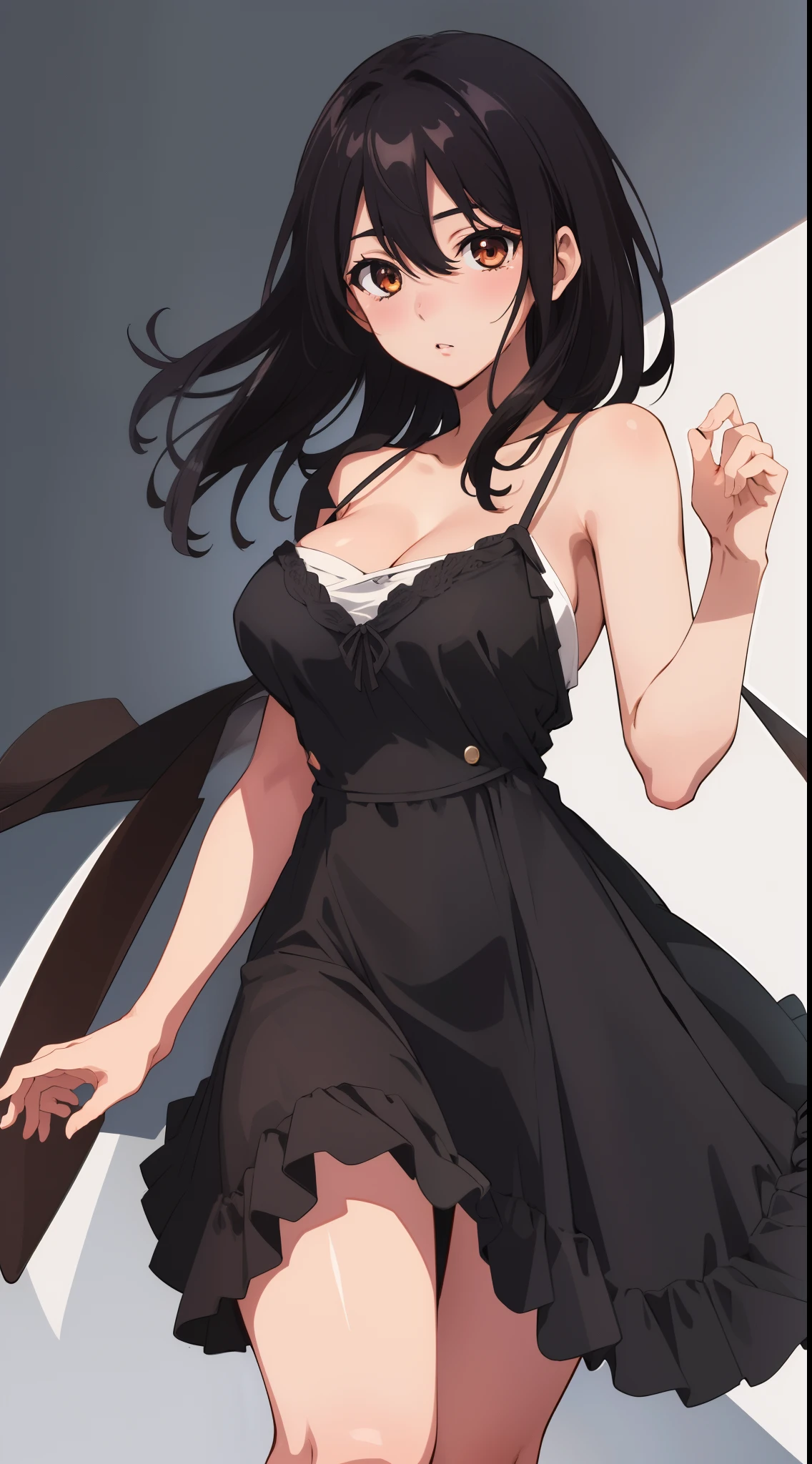 ((masterpiece)), (best quality), 1 girl, himeragi yukina, brown eyes, black hair, hair between eyes, medium hair, medium breasts, perfect anatomy, ((( elegant dress)))