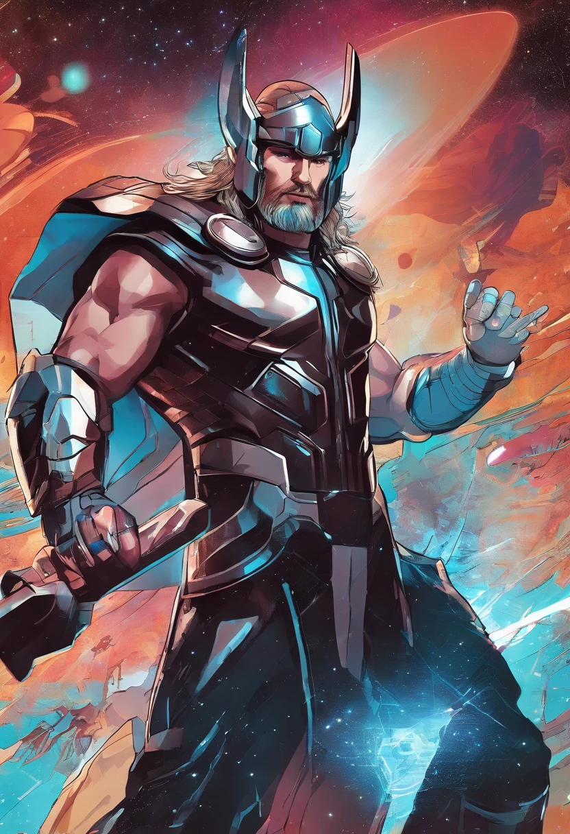 Thor the hammer on his hand and realistic face and futuristic background