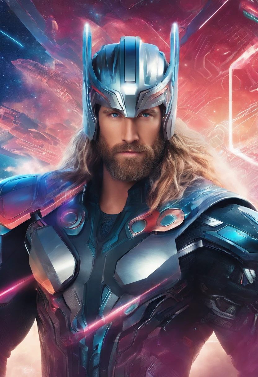 Thor the hammer on his hand and realistic face and futuristic background