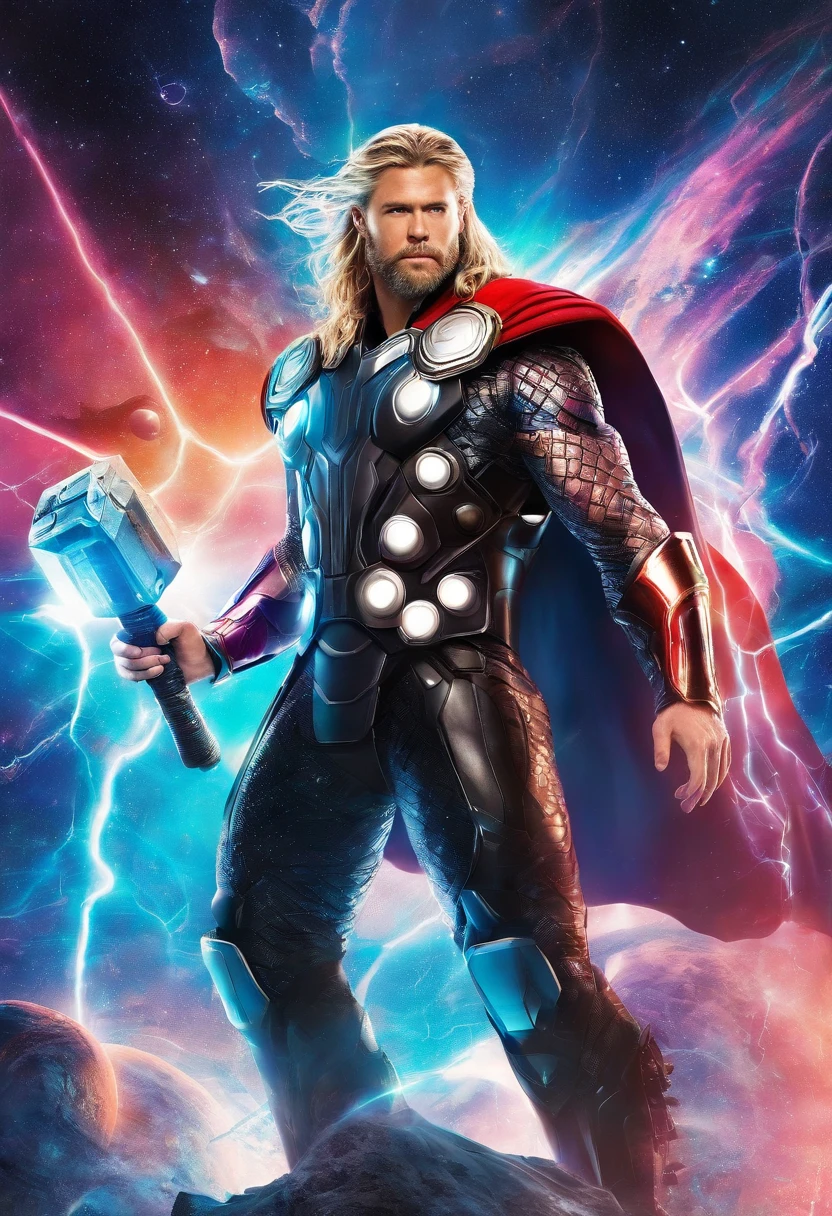 Thor the hammer on his hand and realistic face and futuristic background
