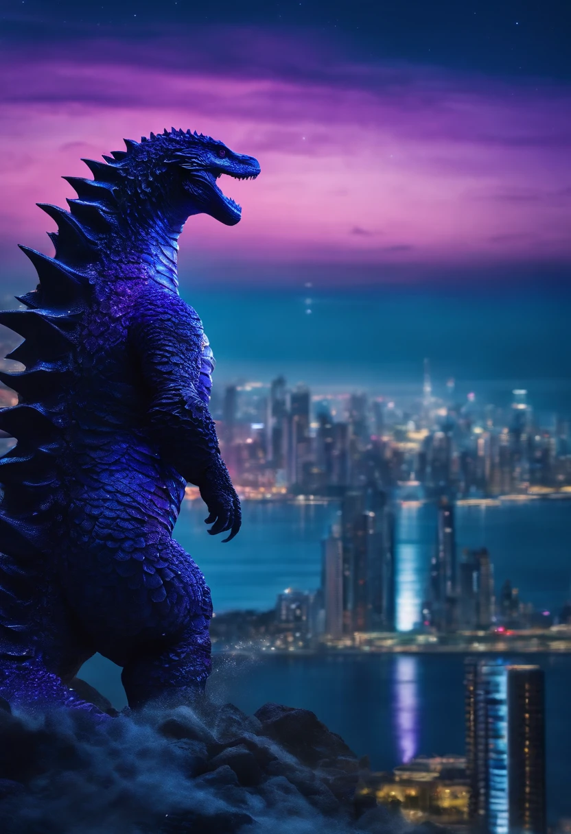 Godzilla , the ocean,The background is a futuristic city, scifi style, blue and violet, brightly, Sky background at night,There are many stars and a moon that splits in two. Ultra photo realsisim
