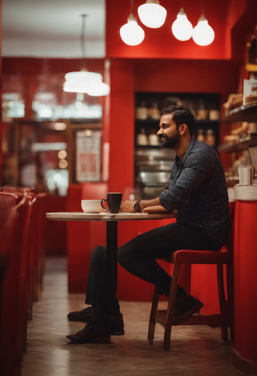 a man sitting in a cafe coffee day outlet working on a computer dslr, cosy environment, red wall in the background, handsome, sitting on a chair, table has a cup of coffee in a white circular cup