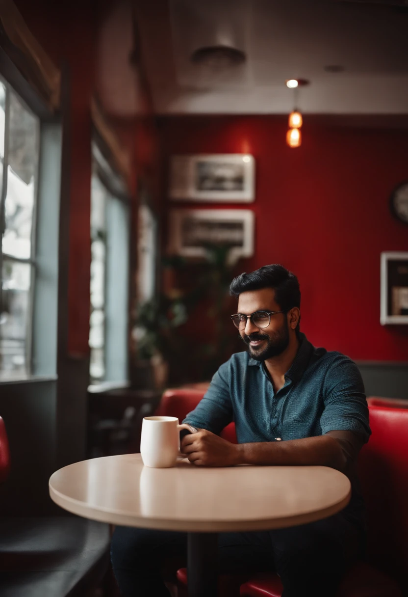 a man sitting in a cafe coffee day outlet working on a computer dslr, cosy environment, red wall in the background, handsome, sitting on a chair, table has a cup of coffee in a white circular cup