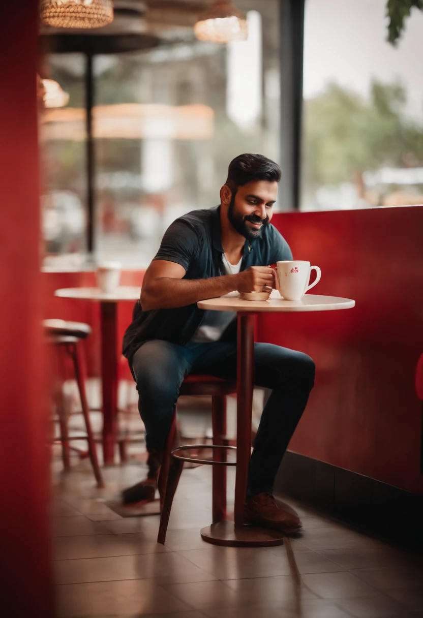a man sitting in a cafe coffee day outlet working on a computer dslr, cosy environment, red wall in the background, handsome, sitting on a chair, table has a cup of coffee in a white circular cup
