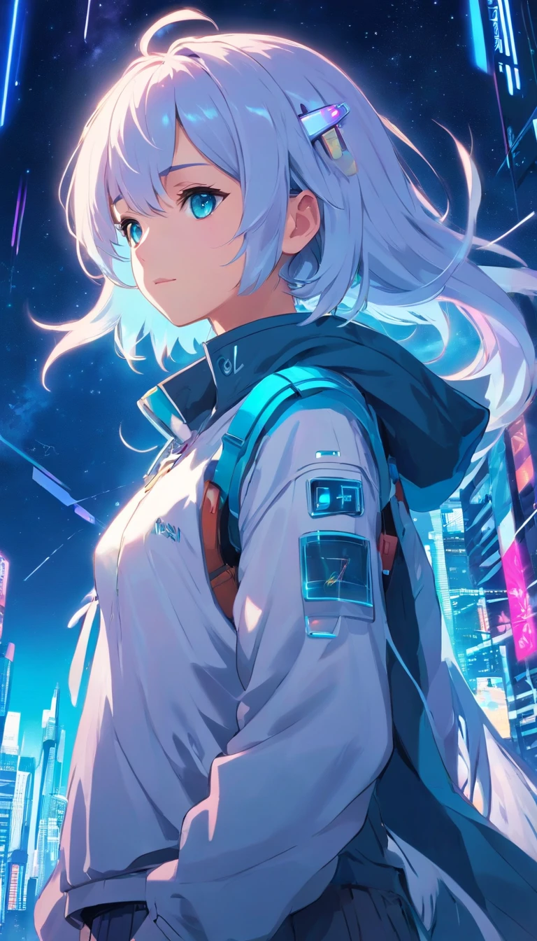 A little girl,white color hair,Cyan hair is dyed,long whitr hair,Glowing cyan eyes,Mechanical animal ears,He held a large white sword in his left hand,full bodyesbian,looking at the stars,Chosen Ji,cyber punk perssonage,A futuristic,neonlight,Cinematic composition,paint drips,plethora of colors,complexdetails,Best Masterpiece,Highest image quality,8K分辨率,PC Wallpapers,Colorful starry sky background