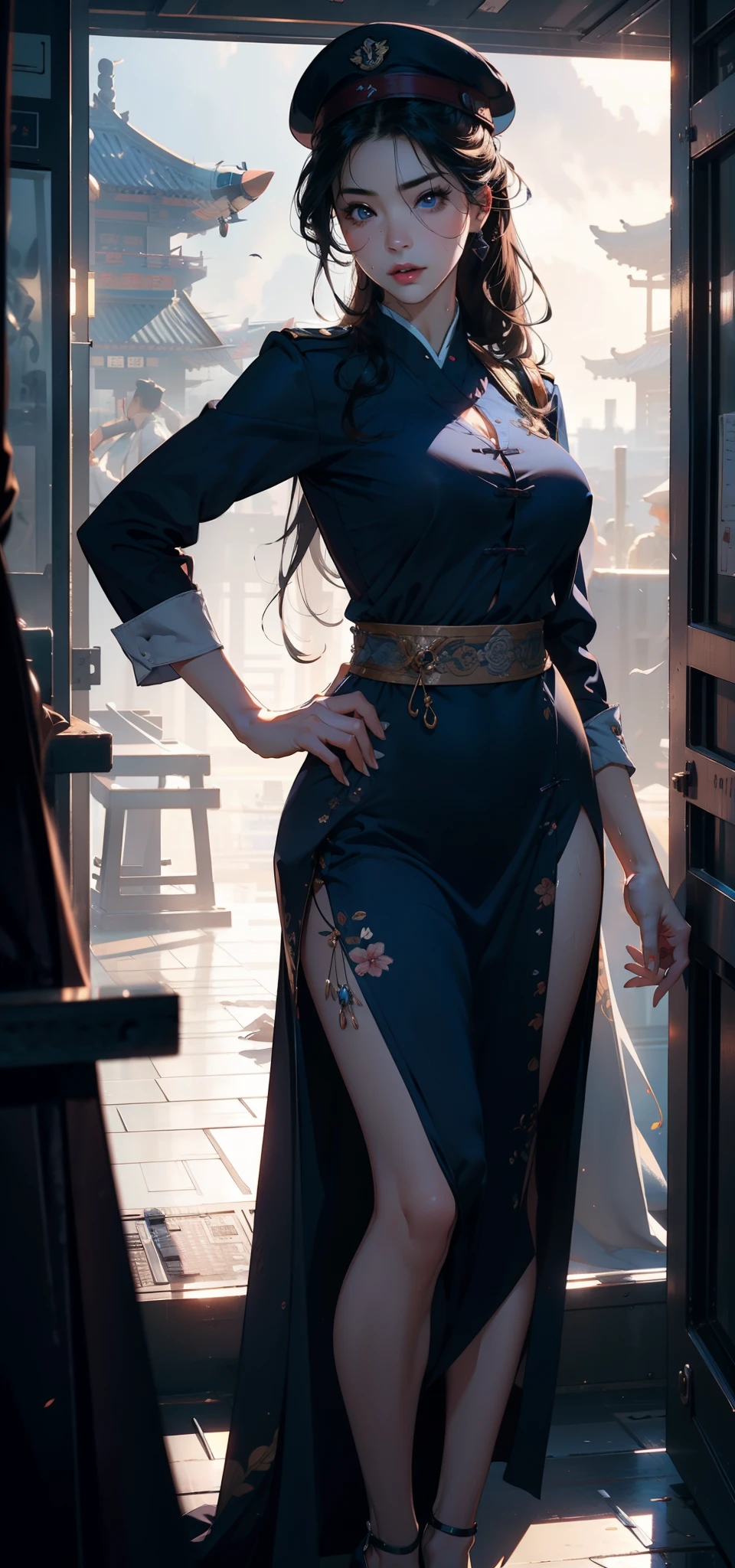 prompt: beautiful young Japanese woman, standing on Mount Olympus-Mons on Mars, detailed eyes, detailed lips, detailed face, long eyelashes, flowing black hair, traditional kimono, elegant full body posture, breathtaking view, Martian atmosphere, vibrant colors, beautiful lighting, realistic depiction, oil painting style, high resolution, 4k image, crisp details, vivid colors, fine brushstrokes, delicate textures, ethereal beauty.