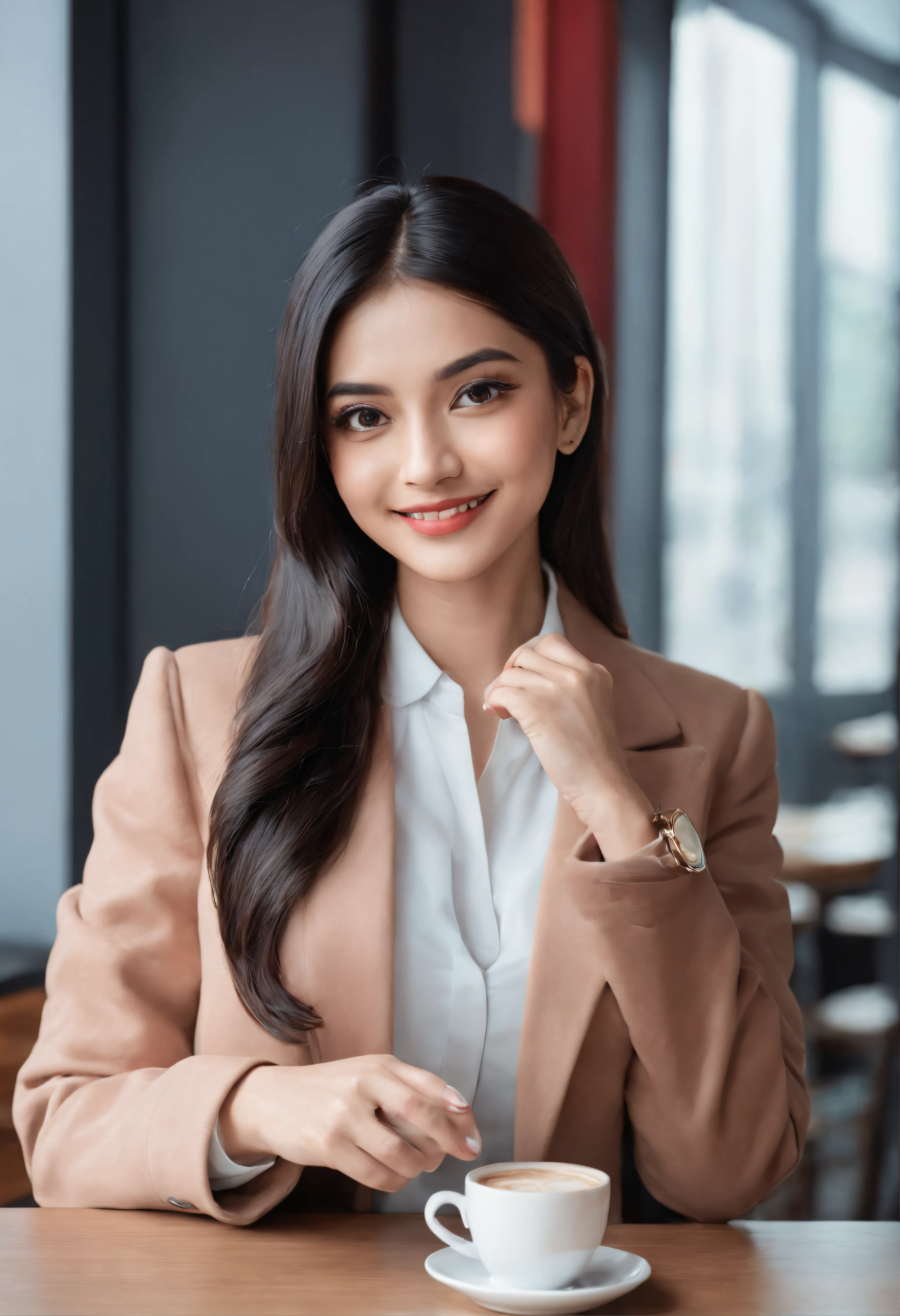 Wearing coat, upper body, overcoat, necklace on the chest, smiling at the desk in coffee cafe day with red walls nice ambience, long and straight black hair, young indian woman with holding a cup of coffee, sitting on the chair, working on the computer, staring at the screen