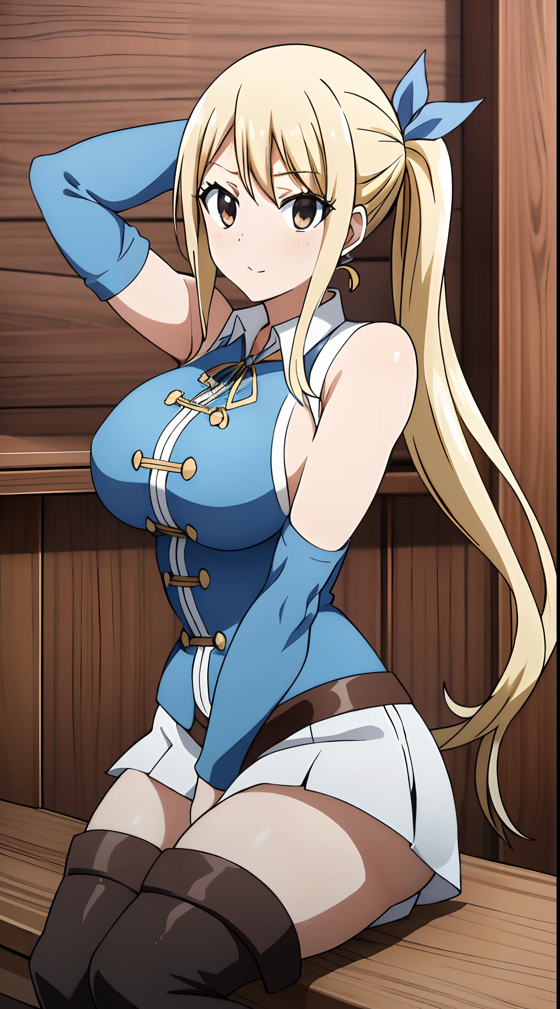 asterpiece, best quality, highres, lucy heartfilia, blonde hair, long hair, side ponytail, blue ribbon, large breasts, earrings, thigh boots, blue shirt, sleeveless shirt, white skirt, crossed legs, looking at viewer, Big boobs, arms behind head, cleavage,