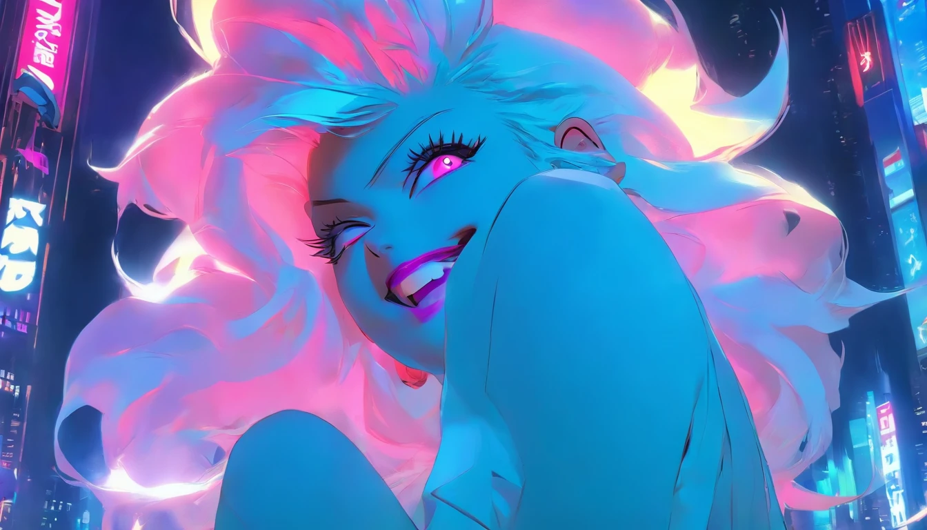 Masterpiece, Highest quality, (solofocus), (Perfect face:1.1), (High detail:1.1),Dramatic, 1人, (Pale skin), Long white hair, White eyes, [Light eyebrows], Solo, Long hair, Moon, Night, white luxury suit, covered navel, pouty lips, Covered, Futuristic city, Detailed background, Art by Artgerm and Greg Rutkowski, Cinematic lighting, rosette, Fashion, BalenciagaStyle