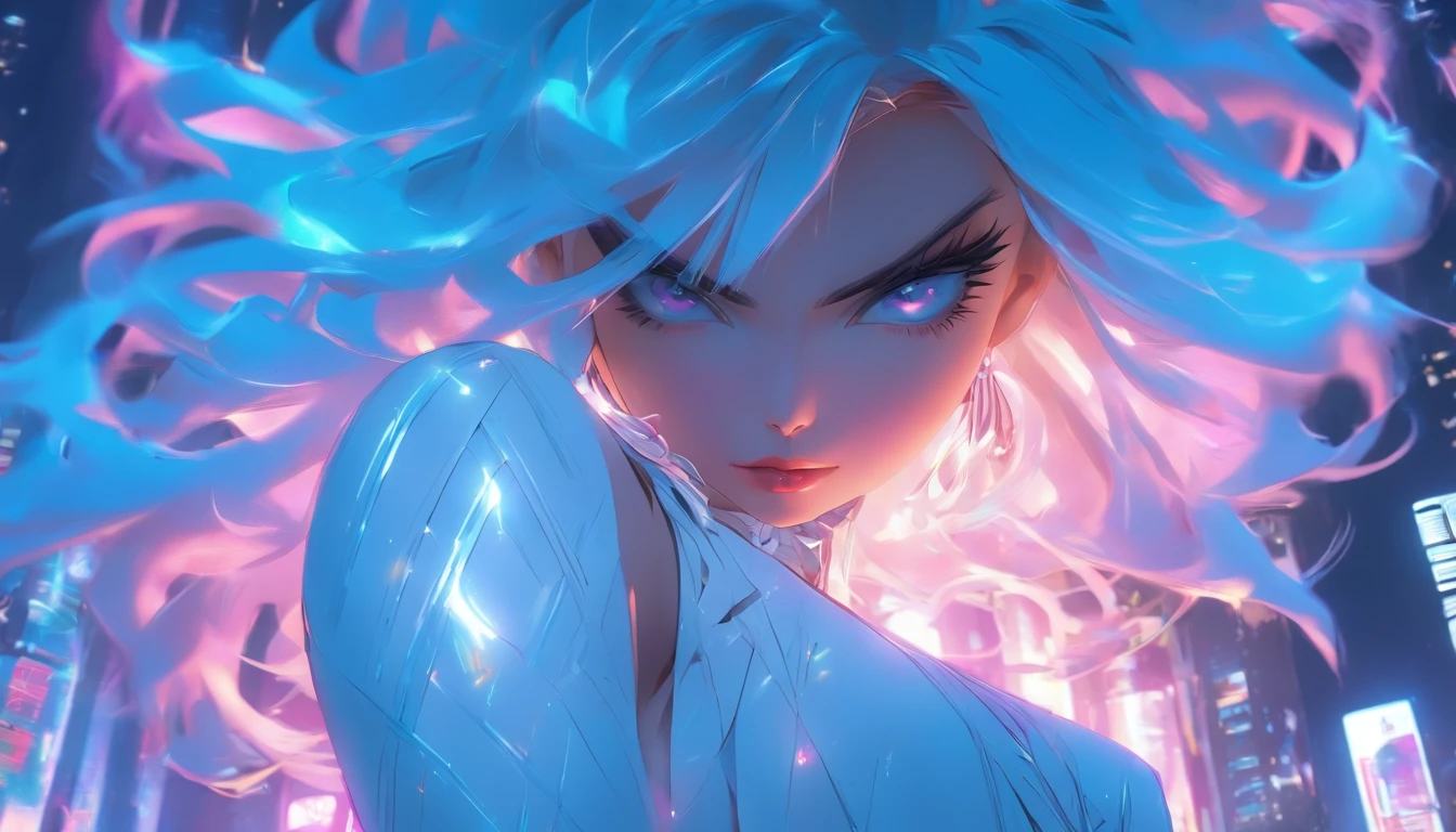 Masterpiece, Highest quality, (solofocus), (Perfect face:1.1), (High detail:1.1),Dramatic, 1人, (Pale skin), Long white hair, White eyes, [Light eyebrows], Solo, Long hair, Moon, Night, white luxury suit, covered navel, pouty lips, Covered, Futuristic city, Detailed background, Art by Artgerm and Greg Rutkowski, Cinematic lighting, rosette, Fashion, BalenciagaStyle