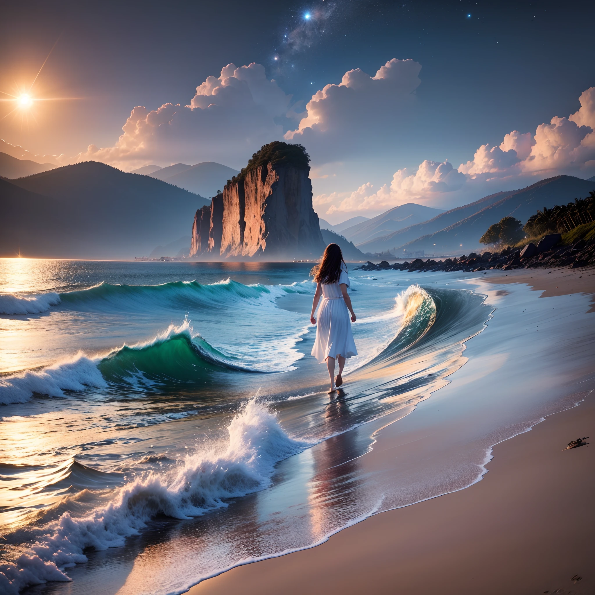 magical sparkling night universe scene, water waves and mountains stretching on both sides, bright round sun, 2 people walking on the beach, 4k 4k image quality, high definition, deep image, --auto --s2